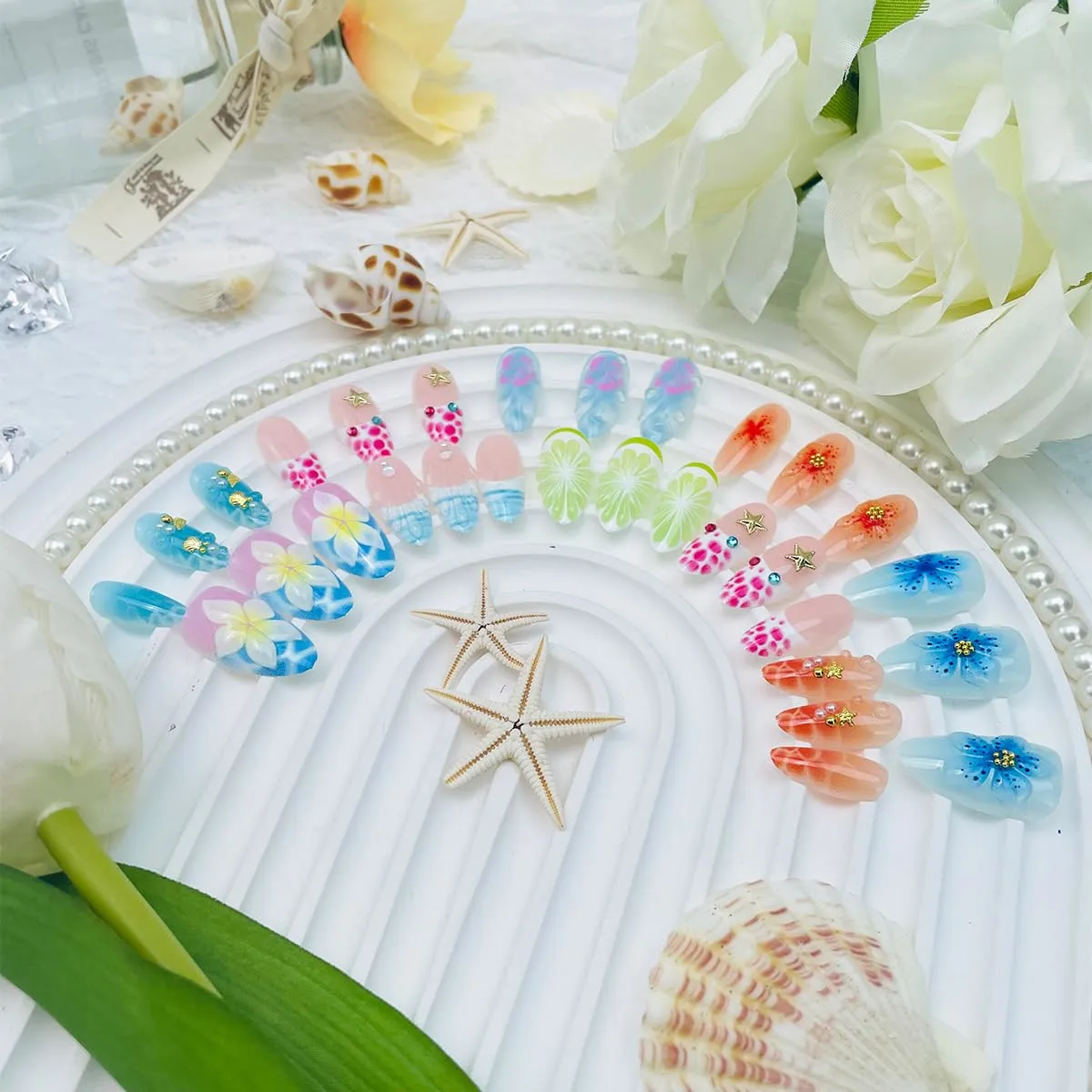 30Pcs Summer Beach Press On Nails Medium Almond Fake Nails with 3D Flowers, Starfish & Shell Charms Cute Ocean False Nails Reusable French Tip Acrylic Nails for Women Vacation Daily Wear