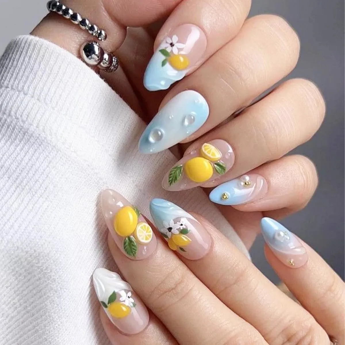 30Pcs Blue Ombre French Tip Press On Nails Medium Almond Fake Nails with 3D Lemon Flower Charms Cute Summer Nails Press Ons Reusable Stick On Nails for Women Beach Vacation Daily Party
