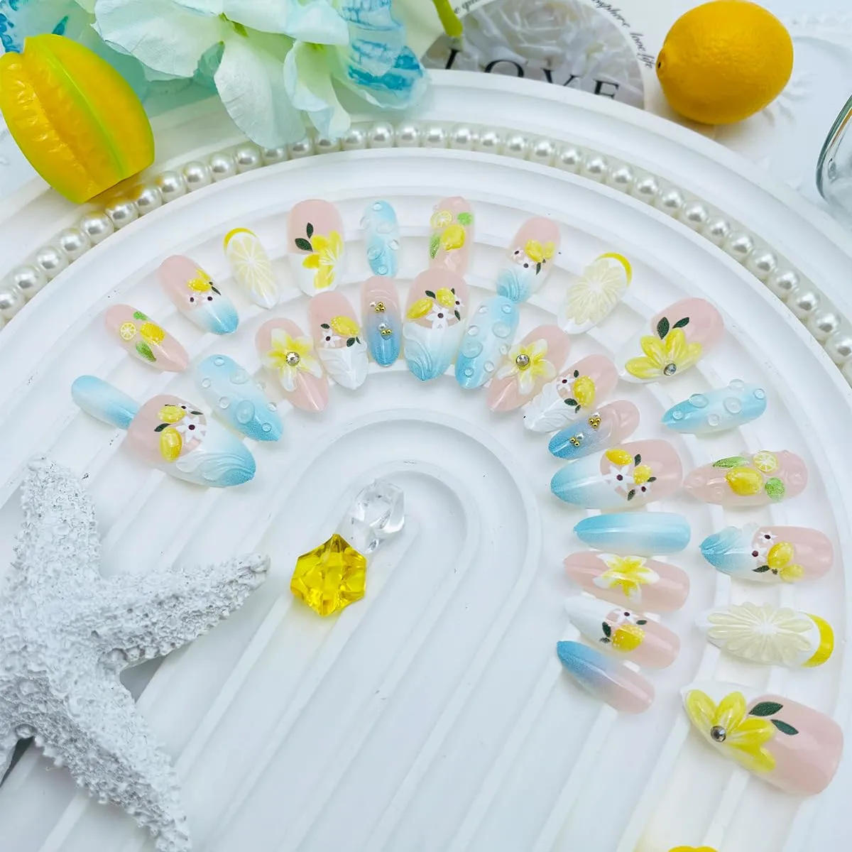 30Pcs Blue Ombre French Tip Press On Nails Medium Almond Fake Nails with 3D Lemon Flower Charms Cute Summer Nails Press Ons Reusable Stick On Nails for Women Beach Vacation Daily Party