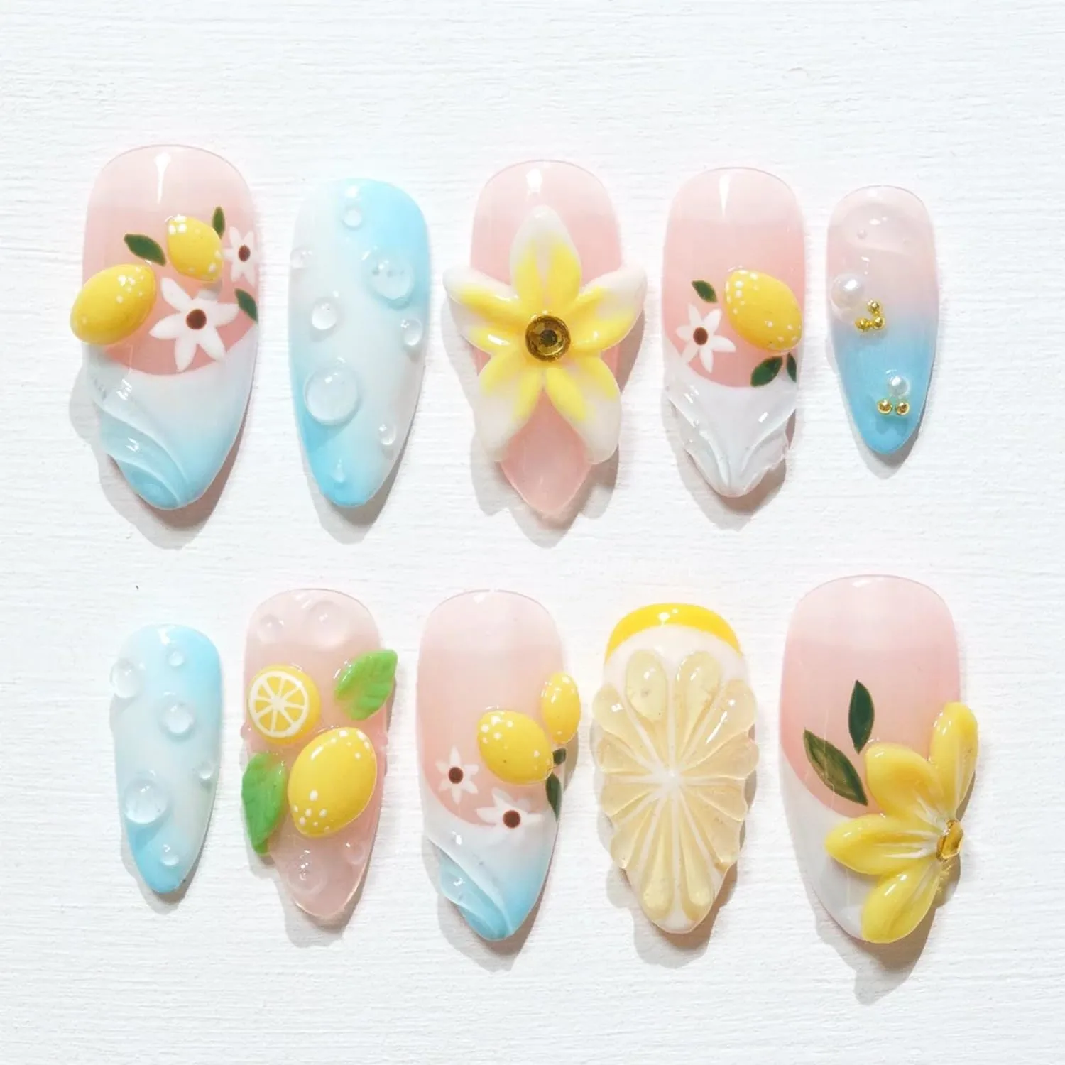 30Pcs Blue Ombre French Tip Press On Nails Medium Almond Fake Nails with 3D Lemon Flower Charms Cute Summer Nails Press Ons Reusable Stick On Nails for Women Beach Vacation Daily Party