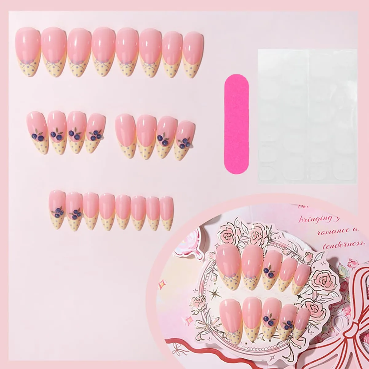 24Pcs Creamy Yellow French Tip Press On Nails Medium Almond Fake Nails Cute Polka Dot False Nails with 3D Blueberry Full Cover Glossy Glue On Nails Reusable Summer Fruit Stick On Nails for Women Gift