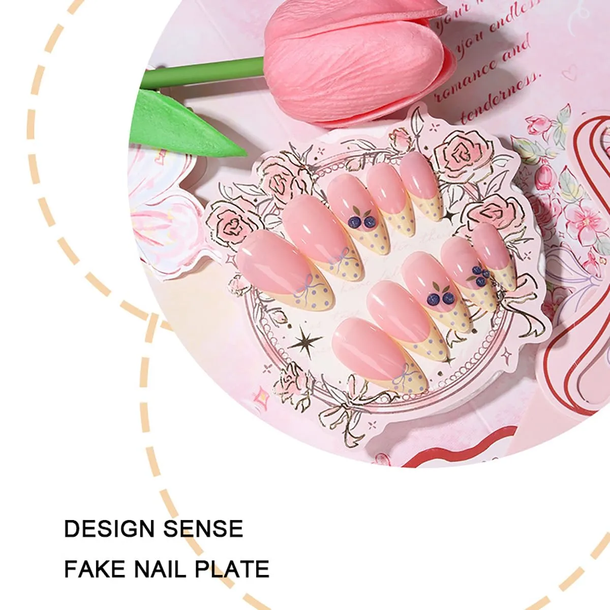 24Pcs Creamy Yellow French Tip Press On Nails Medium Almond Fake Nails Cute Polka Dot False Nails with 3D Blueberry Full Cover Glossy Glue On Nails Reusable Summer Fruit Stick On Nails for Women Gift