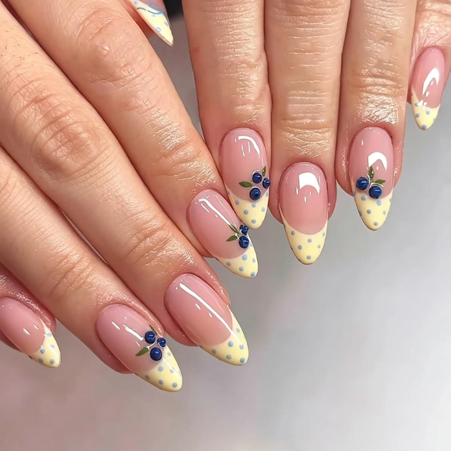 24Pcs Creamy Yellow French Tip Press On Nails Medium Almond Fake Nails Cute Polka Dot False Nails with 3D Blueberry Full Cover Glossy Glue On Nails Reusable Summer Fruit Stick On Nails for Women Gift