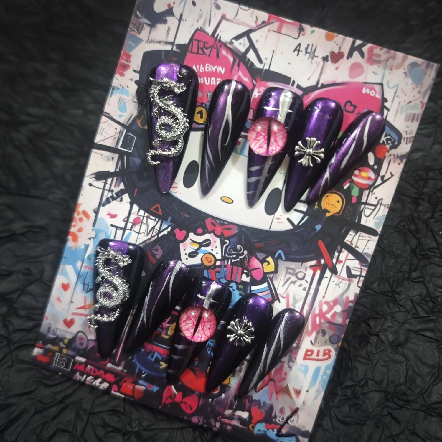 Handmade Press On Nails 10Pcs Dark Gothic Style Manual Starlight Fake Nails for Women Party Holiday Photo 3.2CM Size S