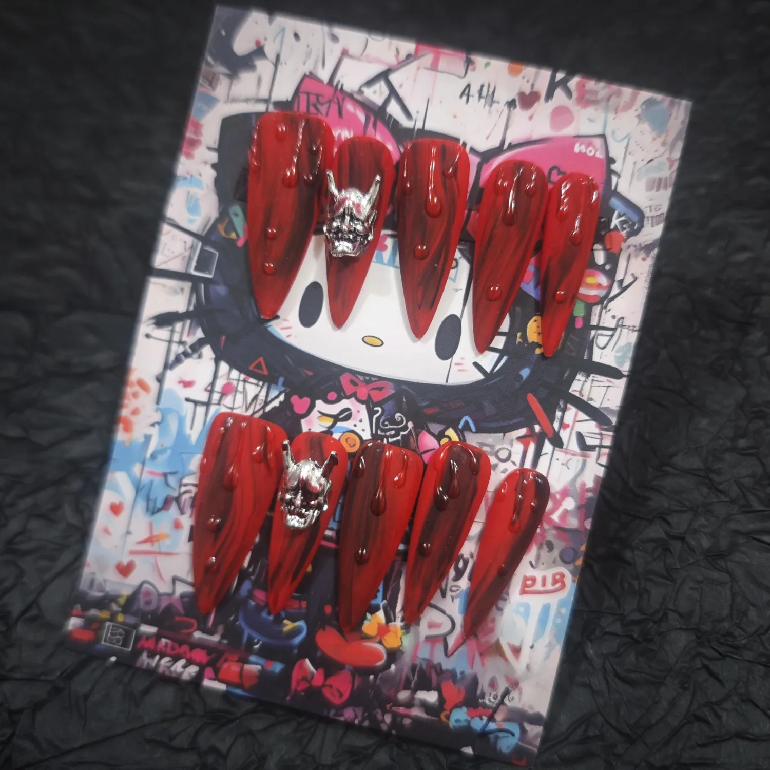 Handmade Press On Nails 10Pcs Dark Gothic Style Manual Devil's Tears Fake Nails for Women Party Holiday Photo 3.2CM Size S