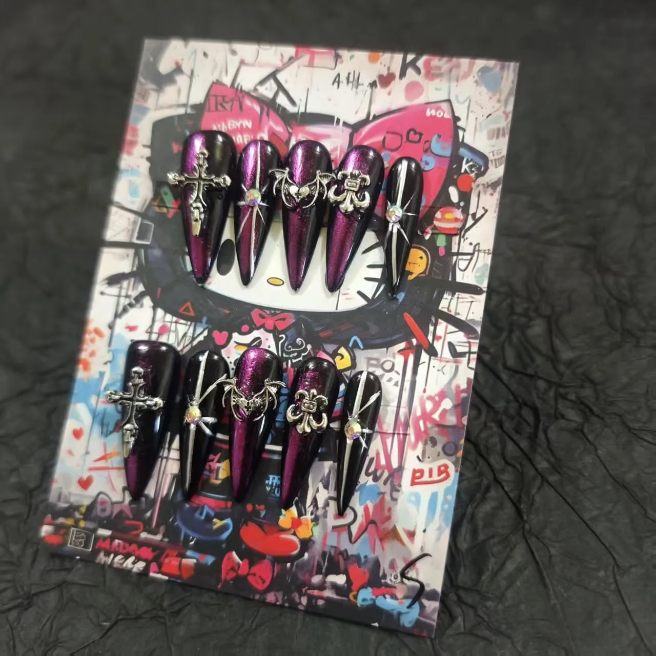 Handmade Press On Nails 10Pcs Dark Gothic Style Manual Growth Ring Fake Nails for Women Party Holiday Photo 3.2CM Size L