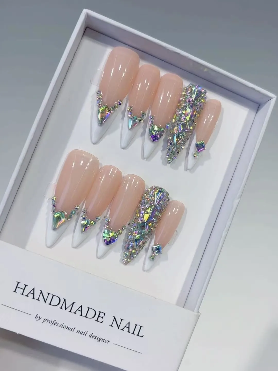 10Pcs(1Pack) Handmade Nails 30mm Size M Bling Rhinestone Brightly French Press on Nails for Women Party Holiday