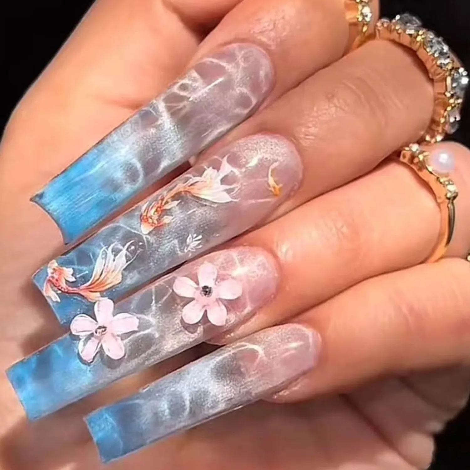 Long Press on Nails Square Fake Nails with Koi Fish Designs Flower Charms False Nails Gradient Blue Glue on Nails Goldfish Acrylic Artificial Nails Reusable Stick on Nails for Women 24Pcs
