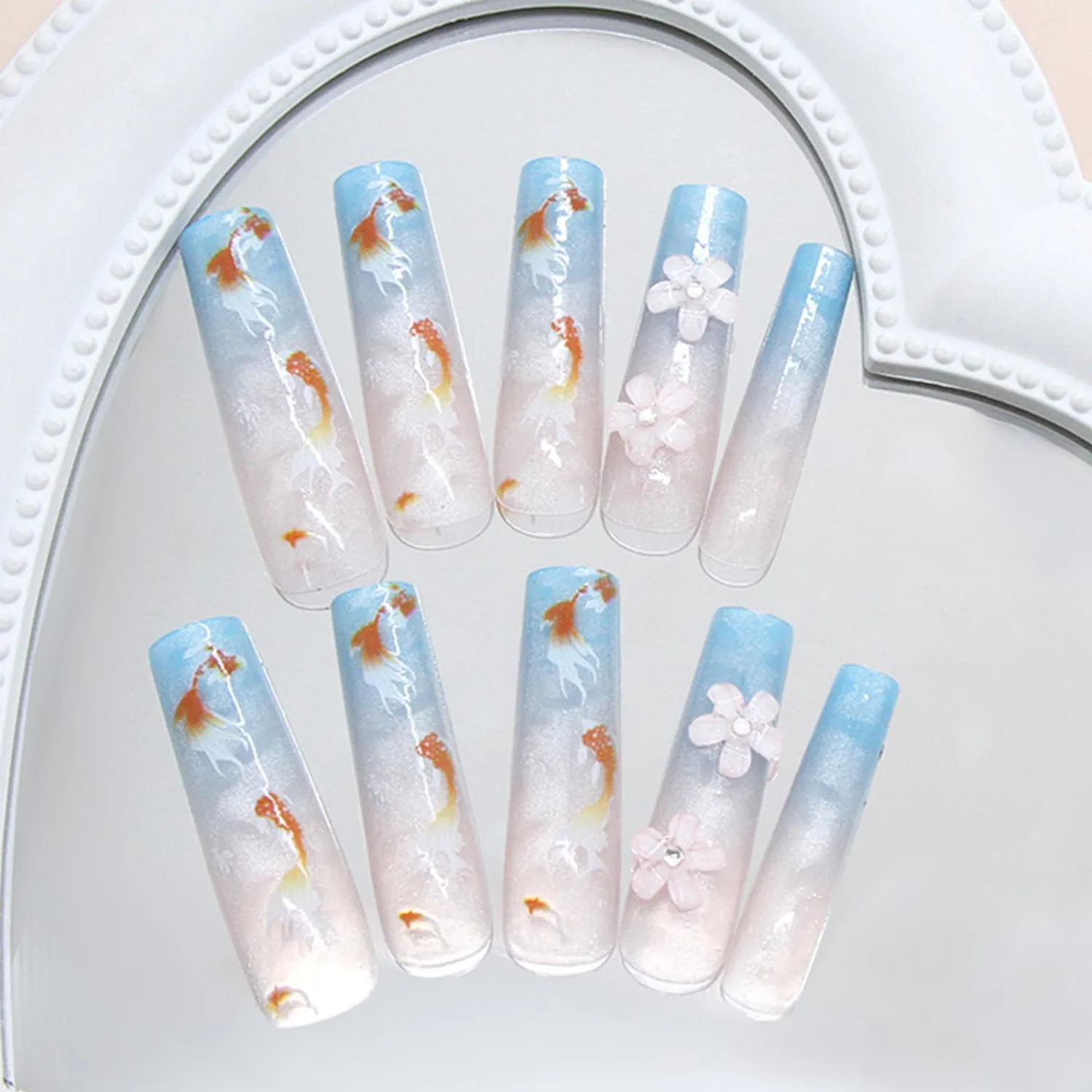 Long Press on Nails Square Fake Nails with Koi Fish Designs Flower Charms False Nails Gradient Blue Glue on Nails Goldfish Acrylic Artificial Nails Reusable Stick on Nails for Women 24Pcs