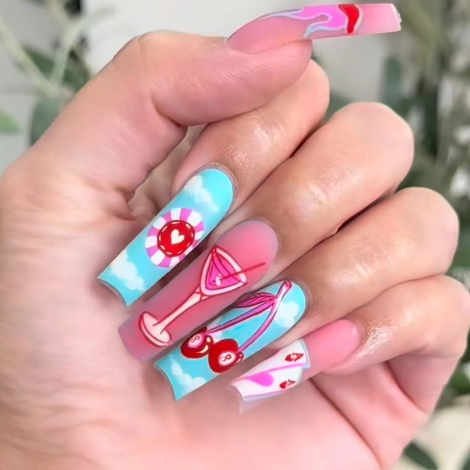 Summer Press on Nails Square Fake Nails with Goblet Cherry Cards Designs Long False Nails Pink Blue Glue on Nails Matte Artificial Nails Full Cover Stick on Nails for Women Vacation Nails 24Pcs