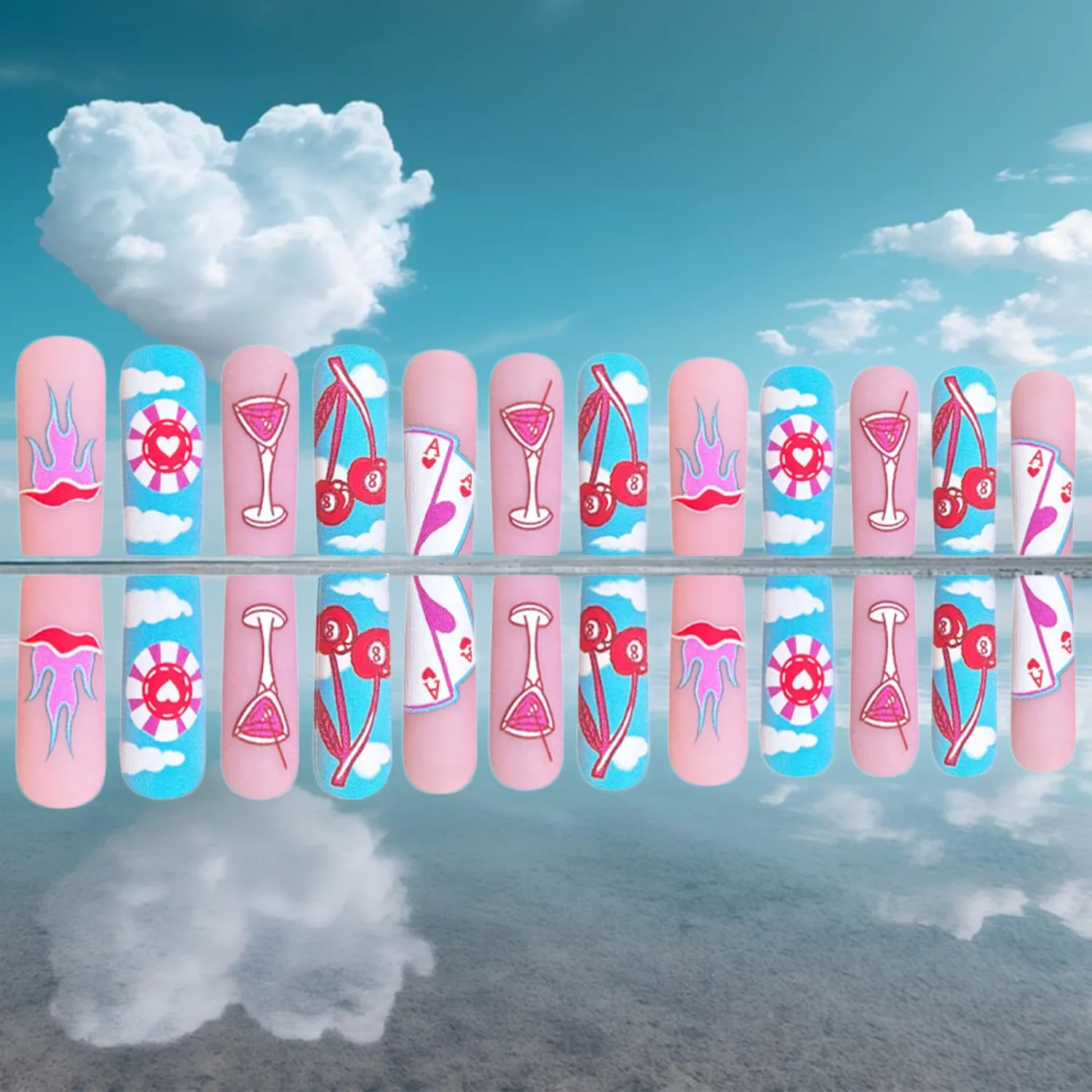 Summer Press on Nails Square Fake Nails with Goblet Cherry Cards Designs Long False Nails Pink Blue Glue on Nails Matte Artificial Nails Full Cover Stick on Nails for Women Vacation Nails 24Pcs