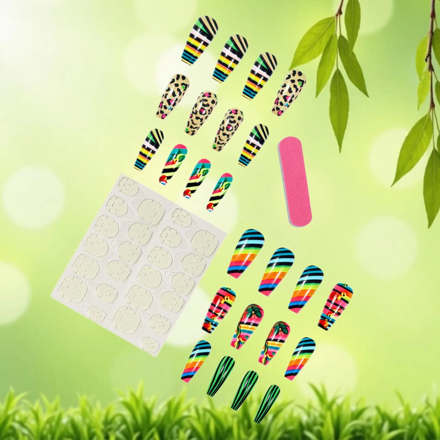 24Pcs Leopard Press On Nails Long Coffin Gel False Nails with Colored Stripes Design Tropical Acrylic Summer Glue On Artificial False Nails Full Cover Stick On Nails for Women