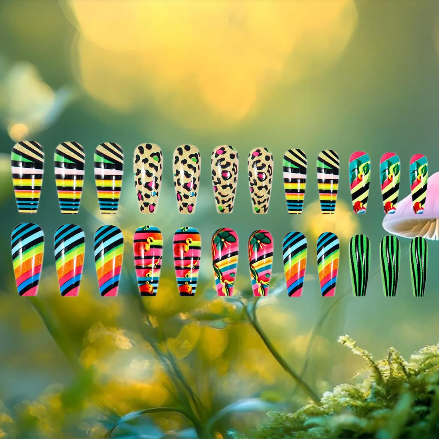24Pcs Leopard Press On Nails Long Coffin Gel False Nails with Colored Stripes Design Tropical Acrylic Summer Glue On Artificial False Nails Full Cover Stick On Nails for Women