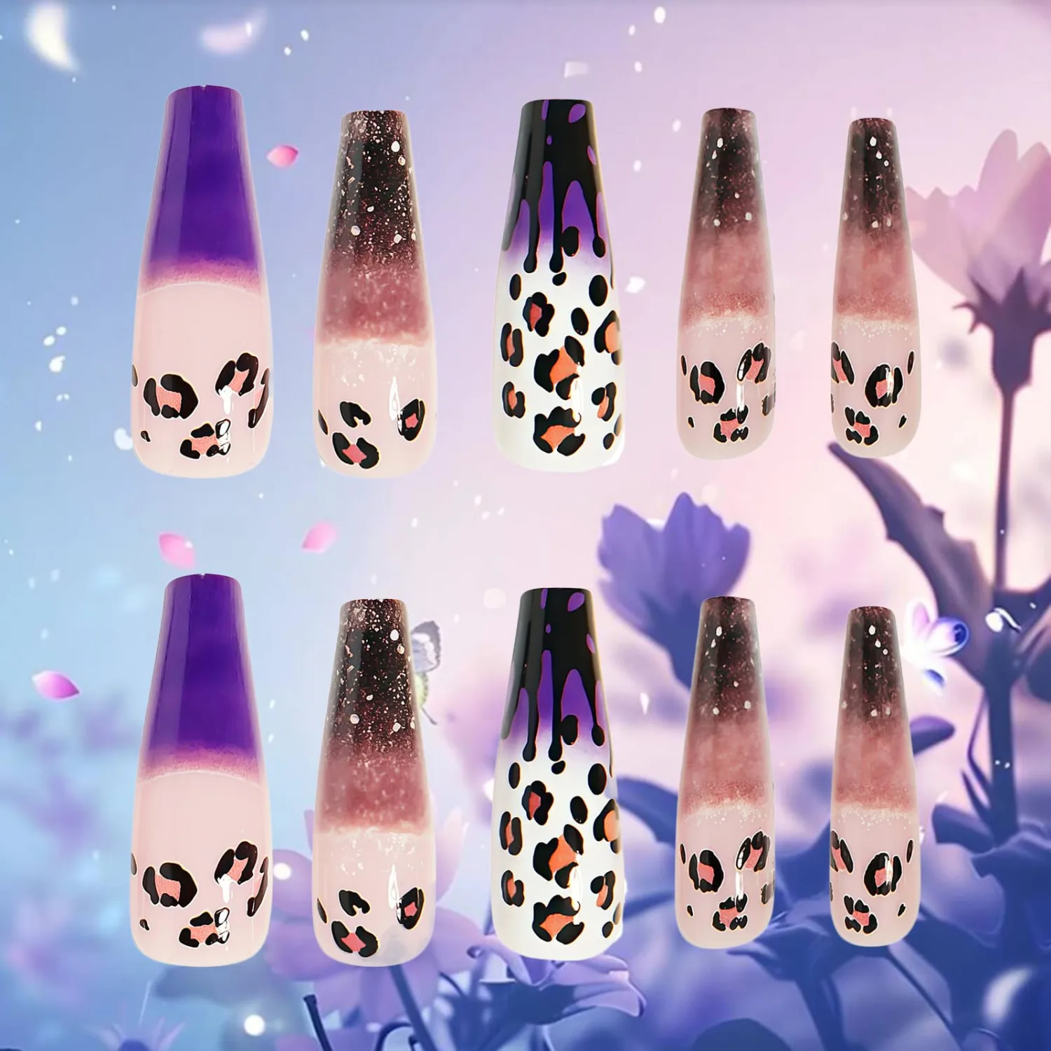 Long Coffin Press on Nails Purple French Fake Nails with Leopard Print Designs Black Starry Acrylic False Nails Glossy Stick on Nails for Women Reusable Nail Kit with Nail Glue Adhesive Tabs 24Pcs
