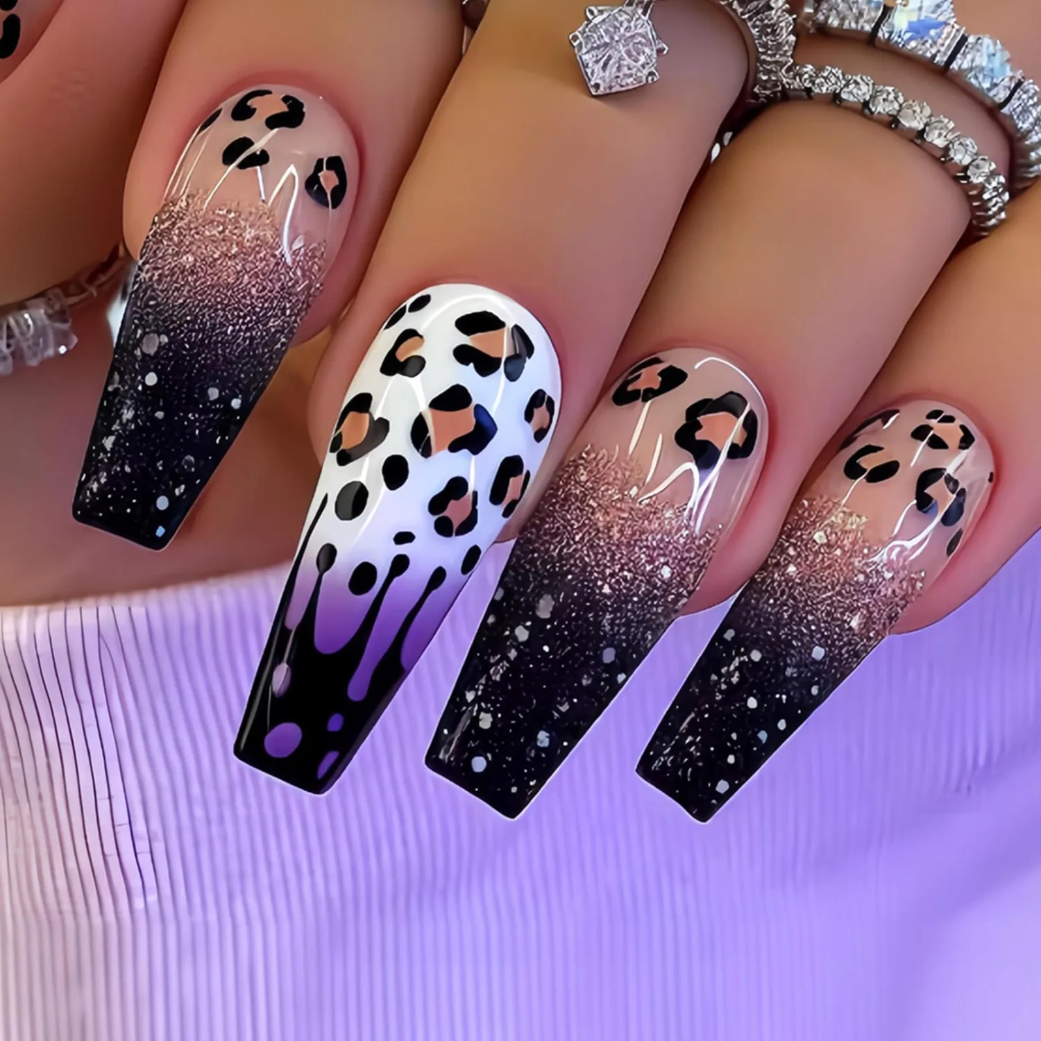 Long Coffin Press on Nails Purple French Fake Nails with Leopard Print Designs Black Starry Acrylic False Nails Glossy Stick on Nails for Women Reusable Nail Kit with Nail Glue Adhesive Tabs 24Pcs