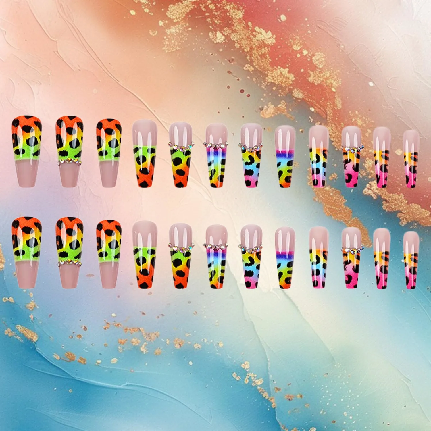 Cheetah Print Press on Nails Long Coffin Fake Nails with Rhinestones Design Colorful Leopard French Tip Nails Acrylic False Nails Glossy Stick on Nails for Women Reusable Nail Kit 24Pcs
