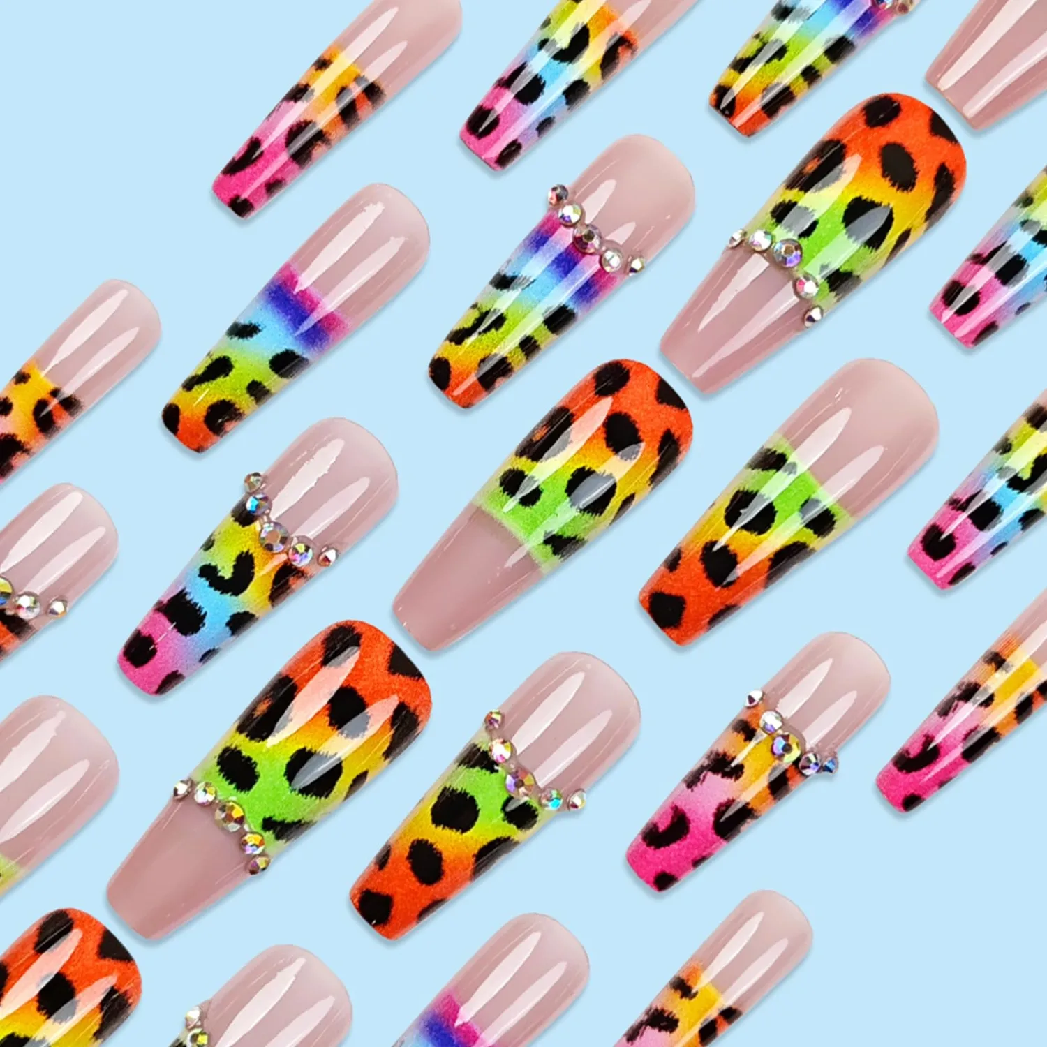 Cheetah Print Press on Nails Long Coffin Fake Nails with Rhinestones Design Colorful Leopard French Tip Nails Acrylic False Nails Glossy Stick on Nails for Women Reusable Nail Kit 24Pcs