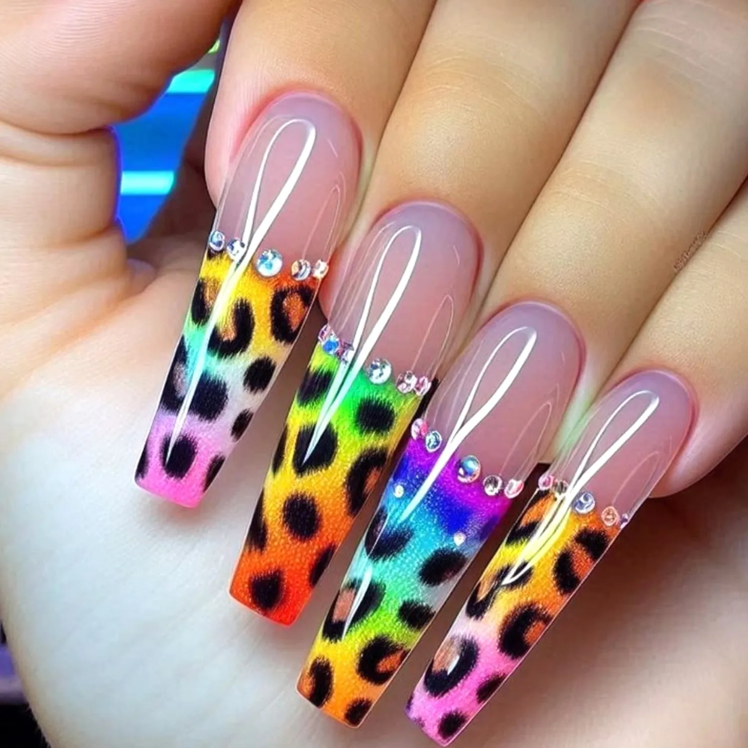 Cheetah Print Press on Nails Long Coffin Fake Nails with Rhinestones Design Colorful Leopard French Tip Nails Acrylic False Nails Glossy Stick on Nails for Women Reusable Nail Kit 24Pcs