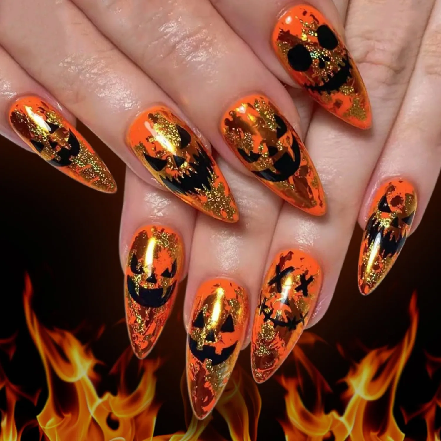 Halloween Press on Nails Long Stiletto Fake Nails with Pumpkin Devil Designs Orange Glitter Acrylic False Nails Full Cover Glue on Nails for Women Horror Halloween Manicure 24Pcs