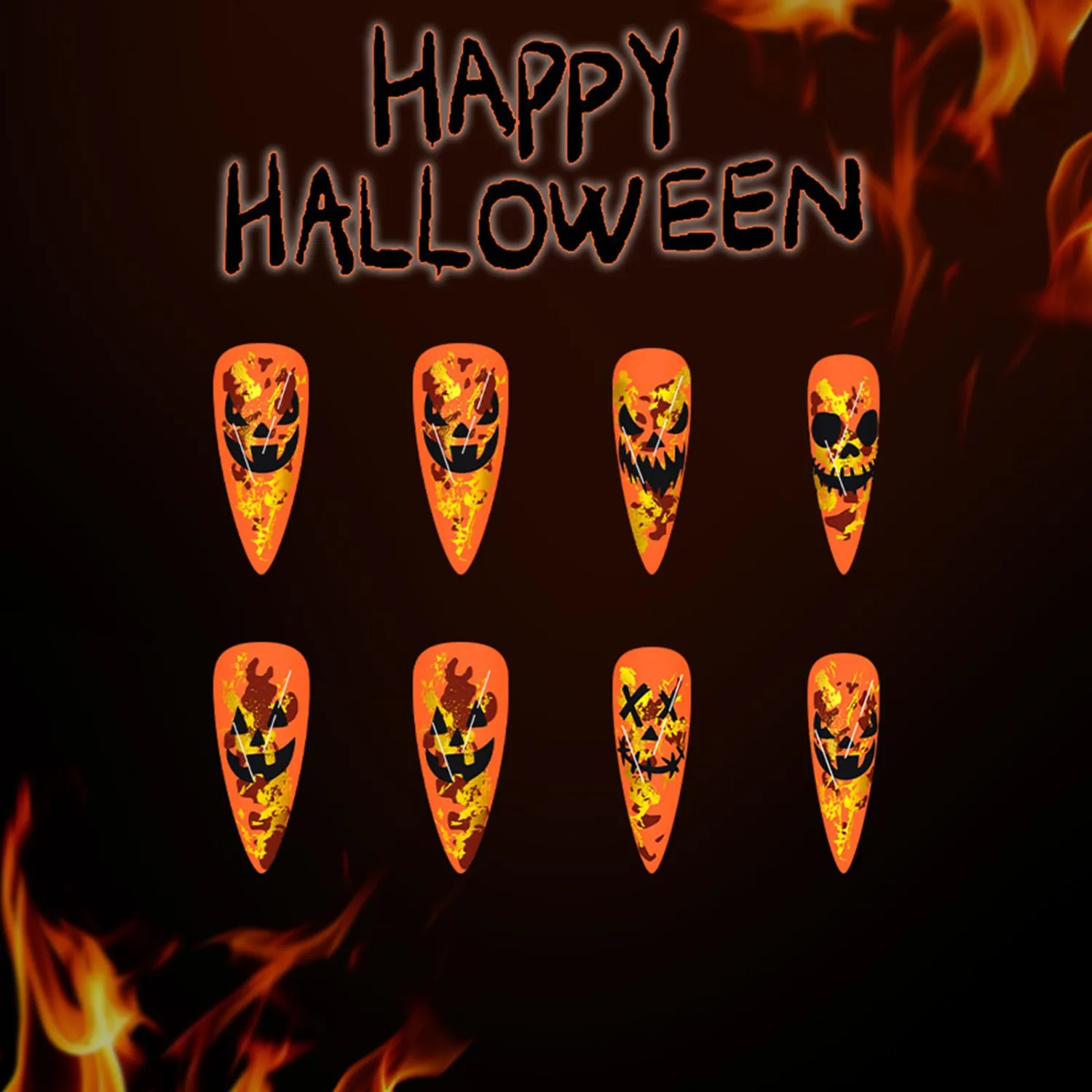 Halloween Press on Nails Long Stiletto Fake Nails with Pumpkin Devil Designs Orange Glitter Acrylic False Nails Full Cover Glue on Nails for Women Horror Halloween Manicure 24Pcs