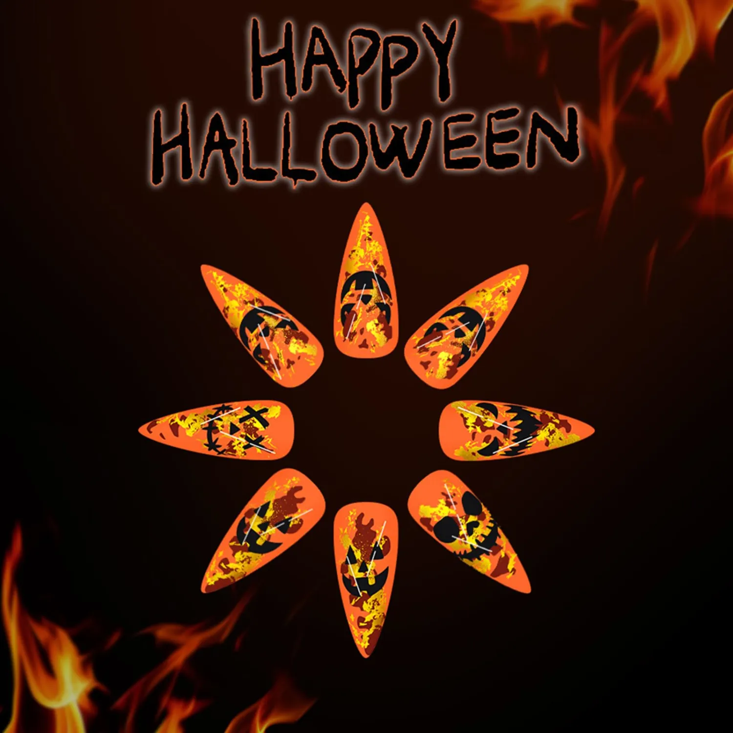 Halloween Press on Nails Long Stiletto Fake Nails with Pumpkin Devil Designs Orange Glitter Acrylic False Nails Full Cover Glue on Nails for Women Horror Halloween Manicure 24Pcs
