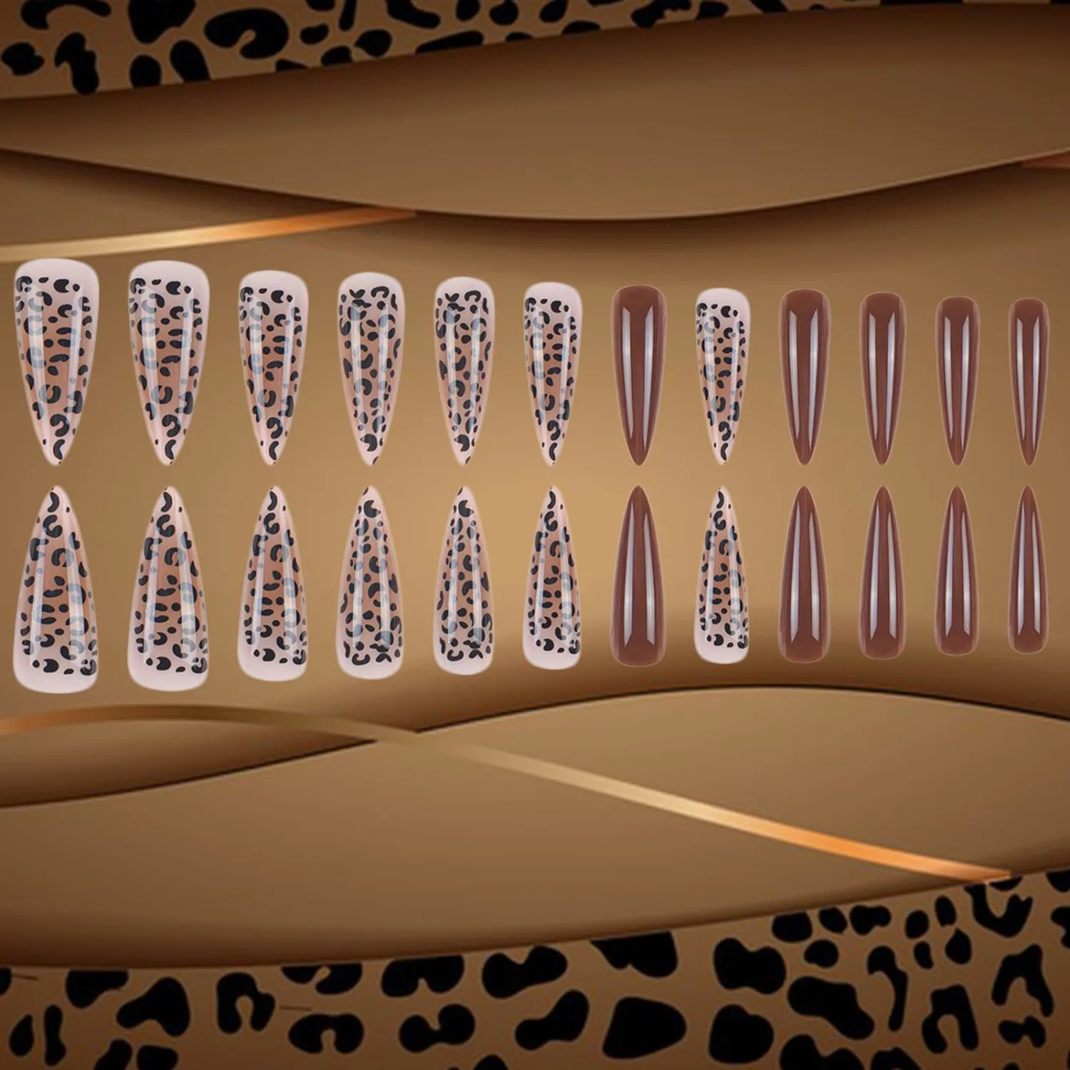 24Pcs Stiletto Press on Nails Long Fake Nails with Leopard Print Designs Brown Glossy Acrylic False Nails Full Cover Glue on Nails Reusable Stick on Nails for Women Fall Nail Art