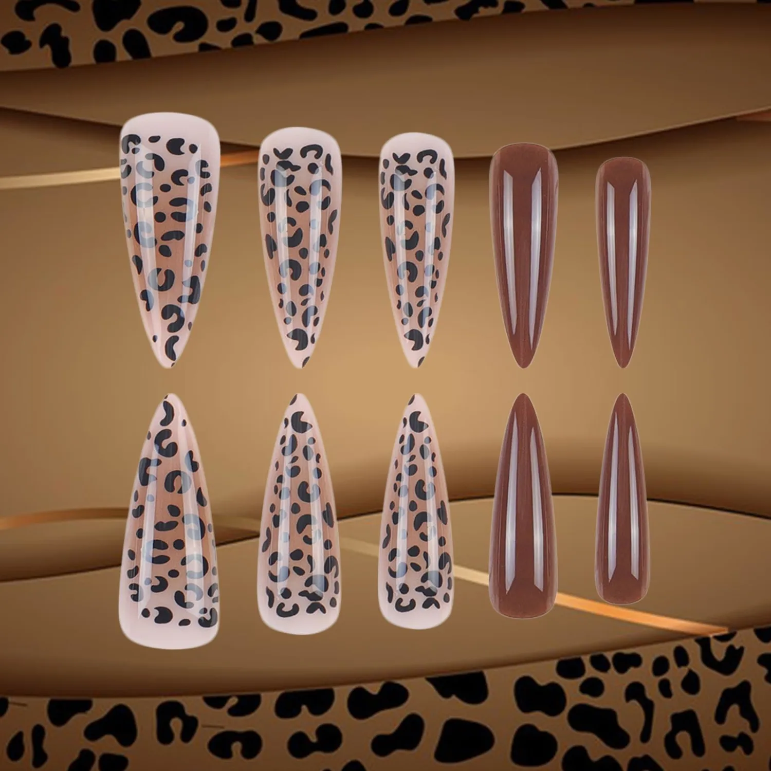 24Pcs Stiletto Press on Nails Long Fake Nails with Leopard Print Designs Brown Glossy Acrylic False Nails Full Cover Glue on Nails Reusable Stick on Nails for Women Fall Nail Art