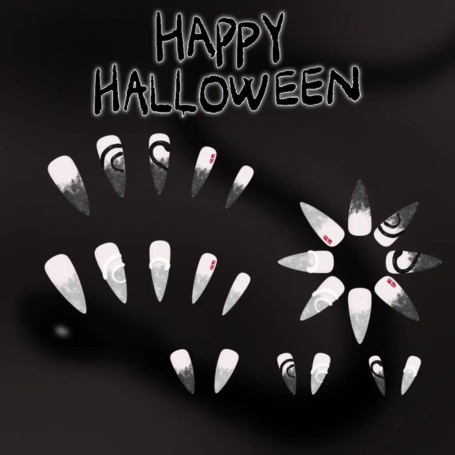 Press on Nails Long Stiletto Fake Nails with 3D Snake Designs Halloween Glue on Nails Black Gradient Glossy Acrylic Nails Almond False Nails Stick on Nails for Women 24Pcs