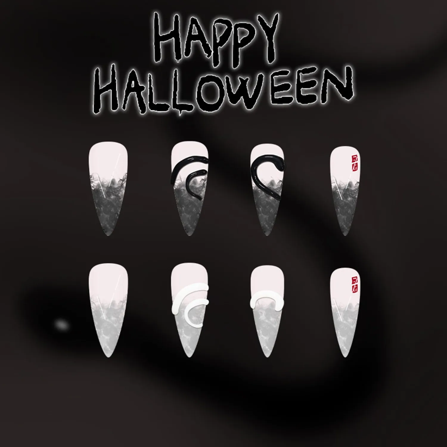 Press on Nails Long Stiletto Fake Nails with 3D Snake Designs Halloween Glue on Nails Black Gradient Glossy Acrylic Nails Almond False Nails Stick on Nails for Women 24Pcs