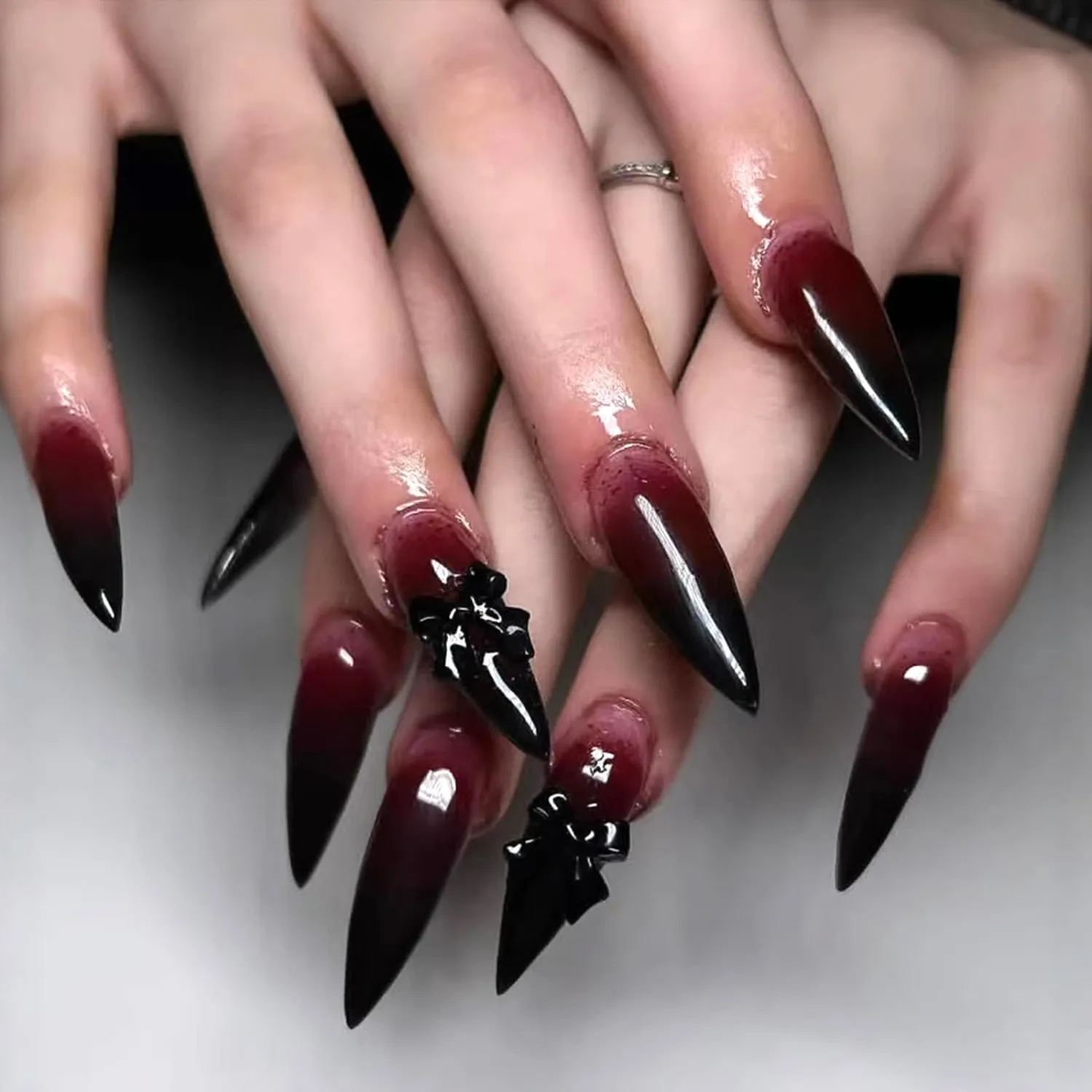 24pcs Stiletto Press On Nails, Black Red Gradient, Glossy, Full Cover, Acrylic, Halloween, Goth, Reusable, Kit