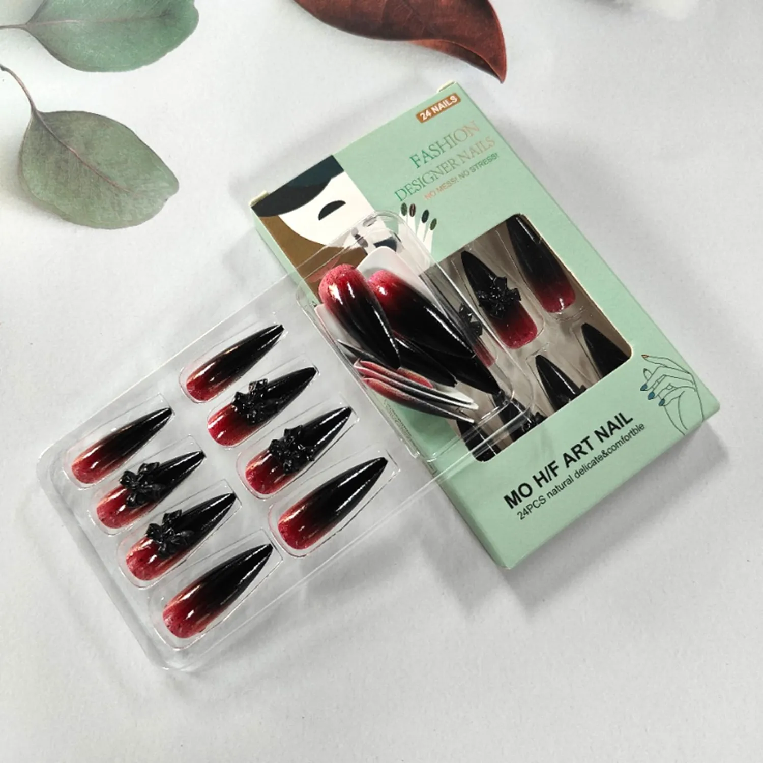 24pcs Stiletto Press On Nails, Black Red Gradient, Glossy, Full Cover, Acrylic, Halloween, Goth, Reusable, Kit