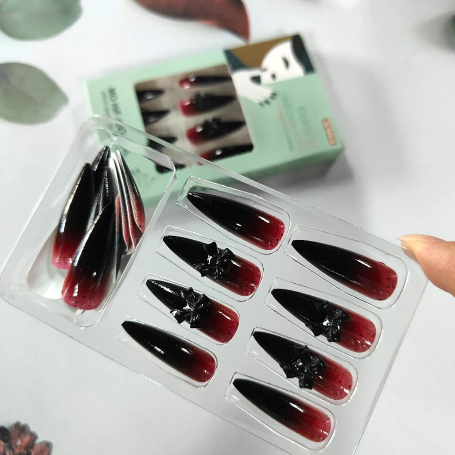 24pcs Stiletto Press On Nails, Black Red Gradient, Glossy, Full Cover, Acrylic, Halloween, Goth, Reusable, Kit