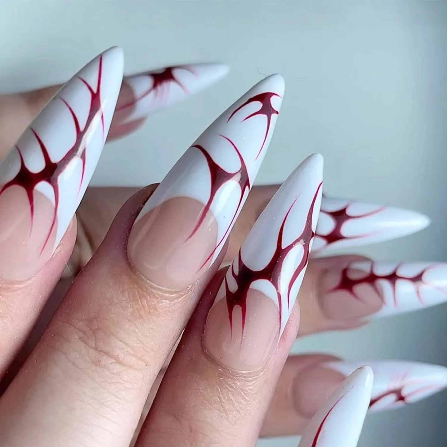 Halloween French Tip Press on Nails Long Stiletto Fake Nails Almond Acrylic Nails with Irregular Red Blood Scar Designs Glossy False Nails Full Cover Glue on Nails for Women 24Pcs
