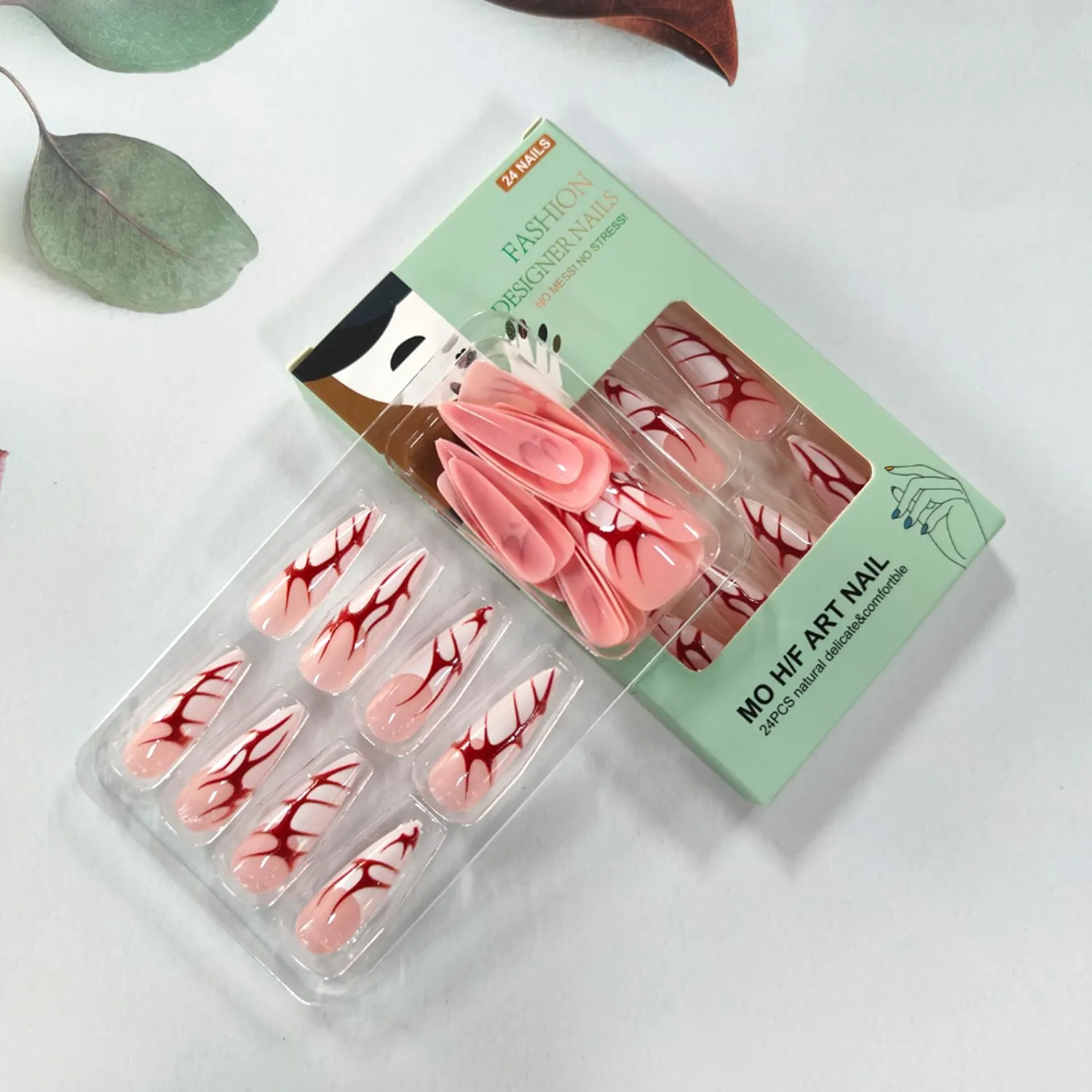 Halloween French Tip Press on Nails Long Stiletto Fake Nails Almond Acrylic Nails with Irregular Red Blood Scar Designs Glossy False Nails Full Cover Glue on Nails for Women 24Pcs