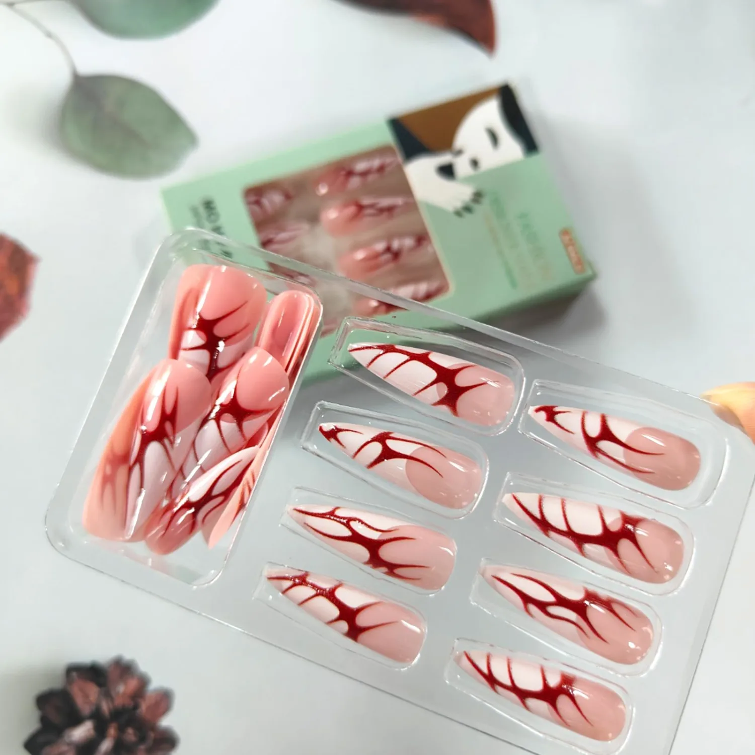 Halloween French Tip Press on Nails Long Stiletto Fake Nails Almond Acrylic Nails with Irregular Red Blood Scar Designs Glossy False Nails Full Cover Glue on Nails for Women 24Pcs