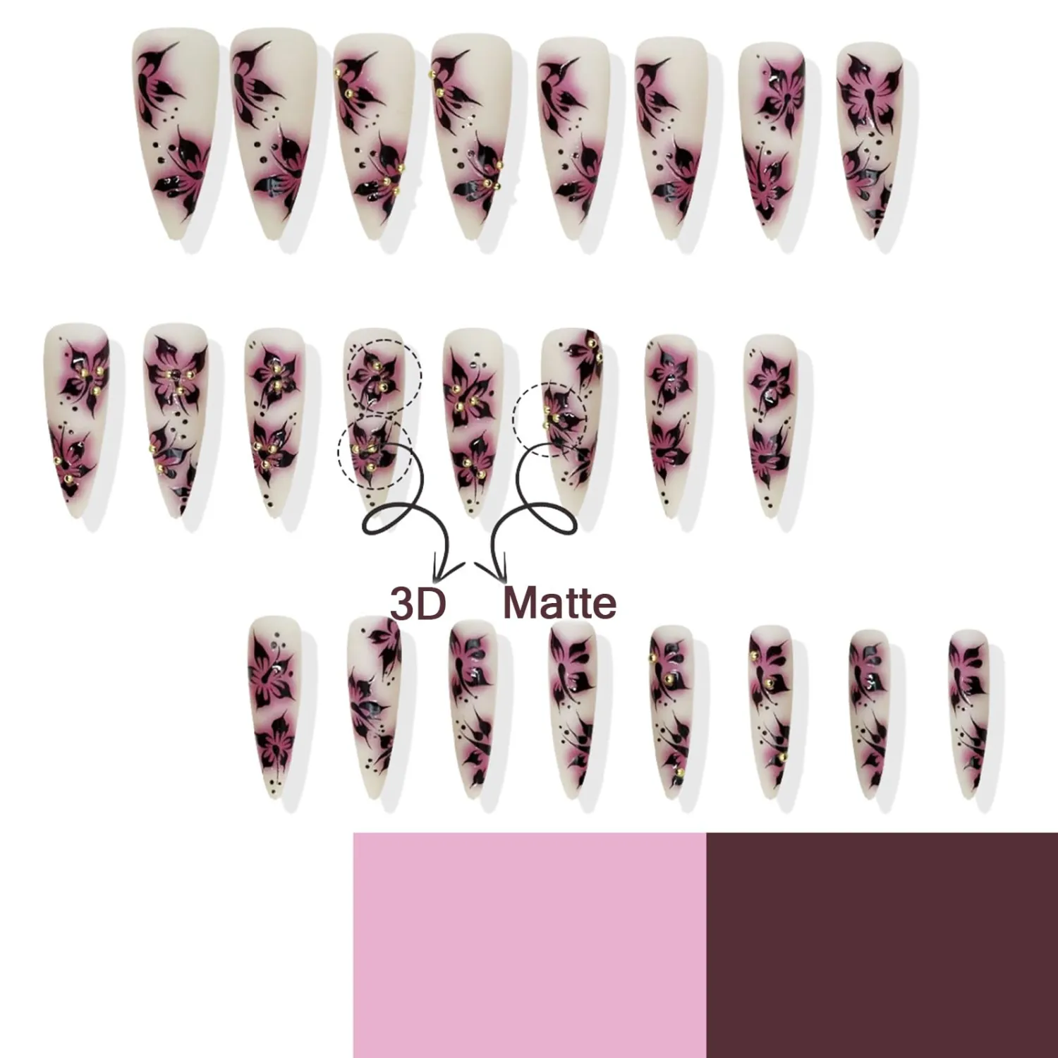 Flower Press on Nails Long Stiletto Fake Nails Blood Red Spider Lily False Nails 3D Gold Bead Design Acrylic Nails Matte Full Cover Glue on Nails for Women Halloween Nails 24Pcs
