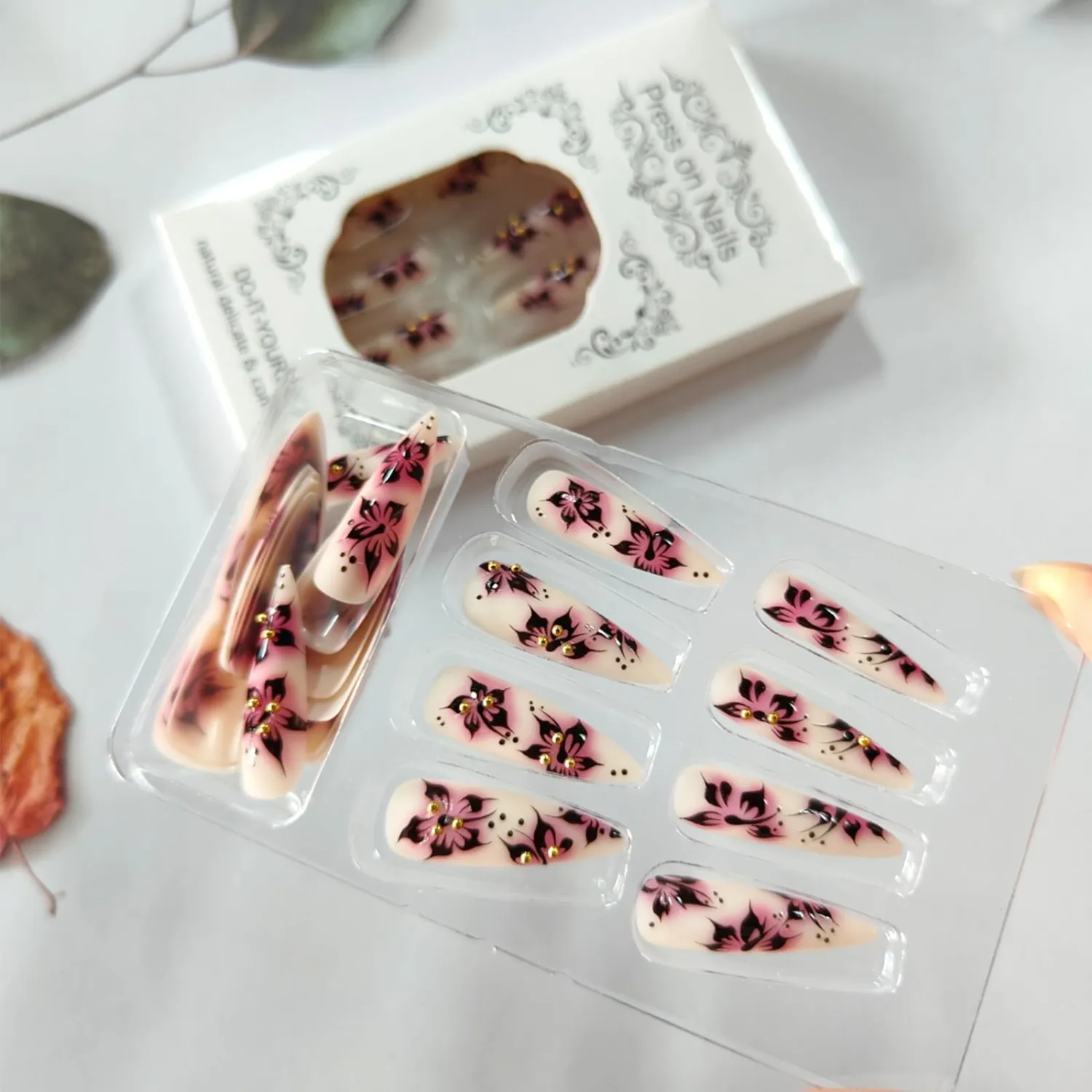 Flower Press on Nails Long Stiletto Fake Nails Blood Red Spider Lily False Nails 3D Gold Bead Design Acrylic Nails Matte Full Cover Glue on Nails for Women Halloween Nails 24Pcs