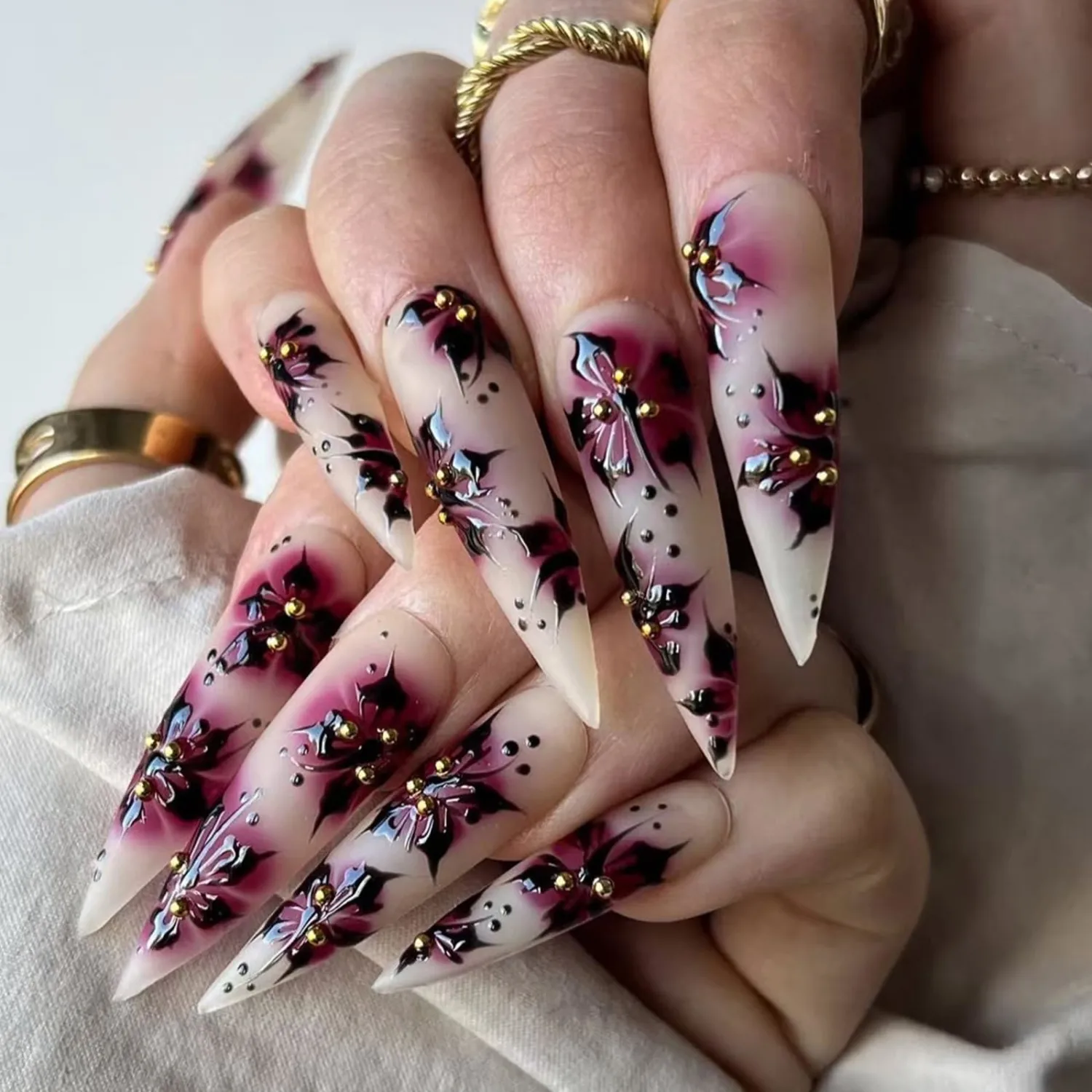 Flower Press on Nails Long Stiletto Fake Nails Blood Red Spider Lily False Nails 3D Gold Bead Design Acrylic Nails Matte Full Cover Glue on Nails for Women Halloween Nails 24Pcs