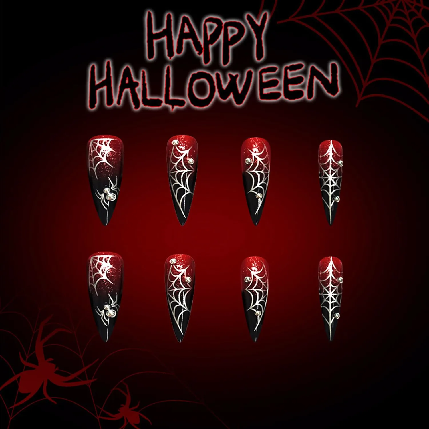Halloween Press on Nails Long Stiletto Fake Nails Red Black Gradient False Nails with Silver Spider Web Designs Horror Glue on Nails Steel Ball Spider Acrylic Stick on Nails for Women 24Pcs
