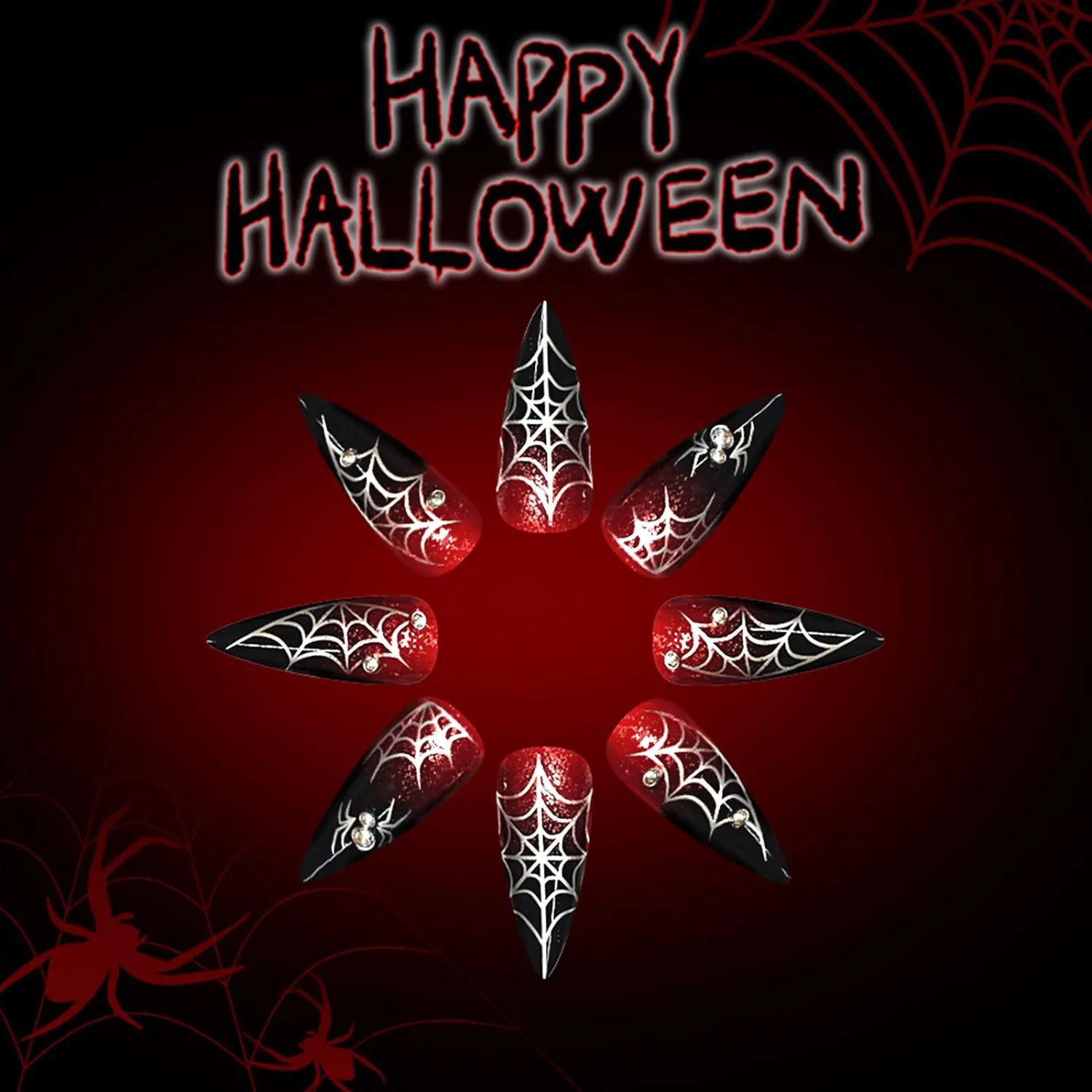 Halloween Press on Nails Long Stiletto Fake Nails Red Black Gradient False Nails with Silver Spider Web Designs Horror Glue on Nails Steel Ball Spider Acrylic Stick on Nails for Women 24Pcs