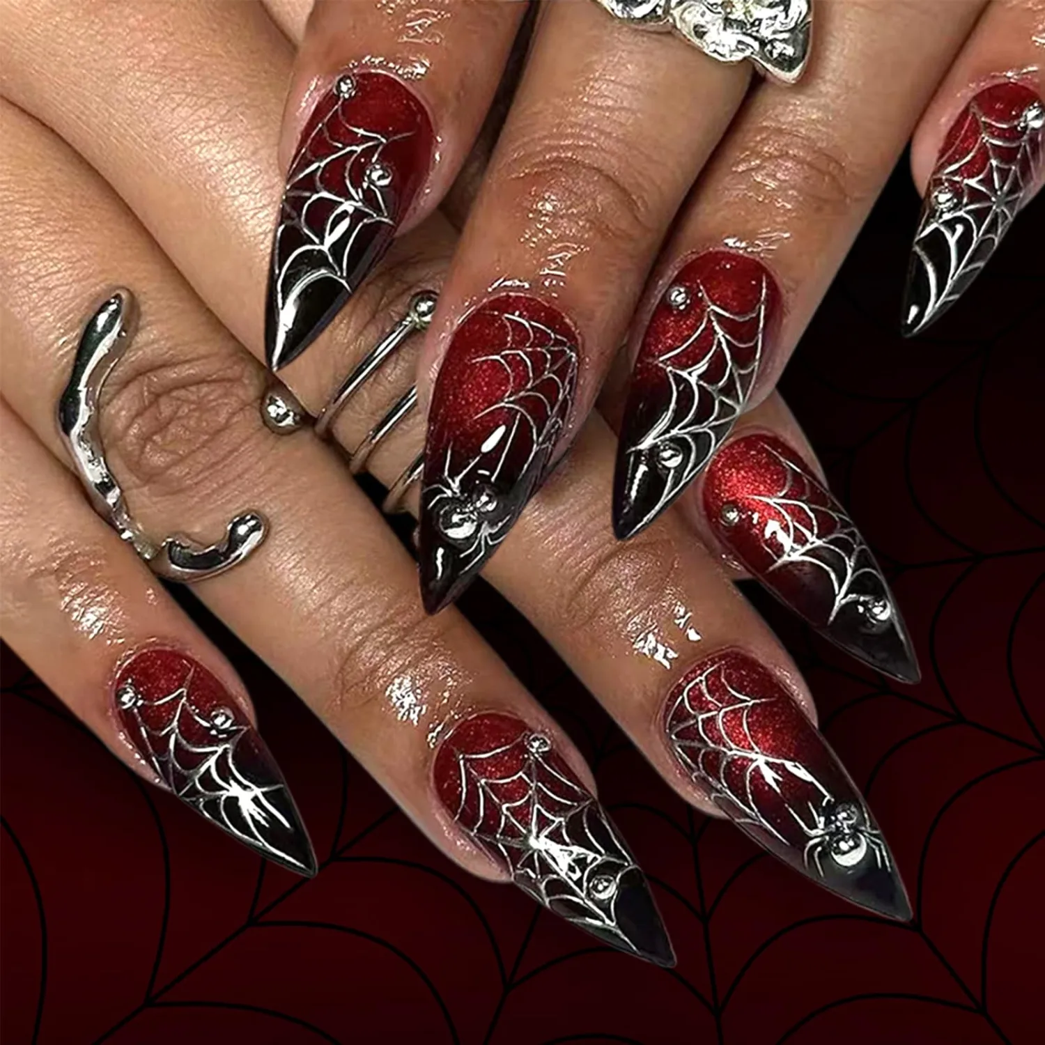 Halloween Press on Nails Long Stiletto Fake Nails Red Black Gradient False Nails with Silver Spider Web Designs Horror Glue on Nails Steel Ball Spider Acrylic Stick on Nails for Women 24Pcs