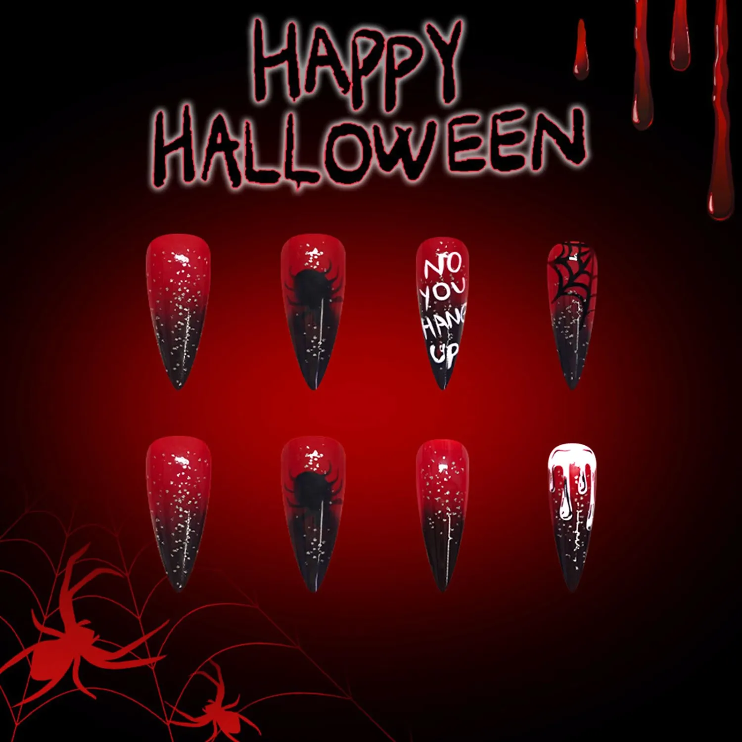 Halloween Press on Nails Long Stiletto Dark Red Fake Nails with Spider Designs Gradient Glitter False Nails Horror Spiderweb Blood Drop Acrylic Nails Glossy Glue on Nails for Women 24Pcs