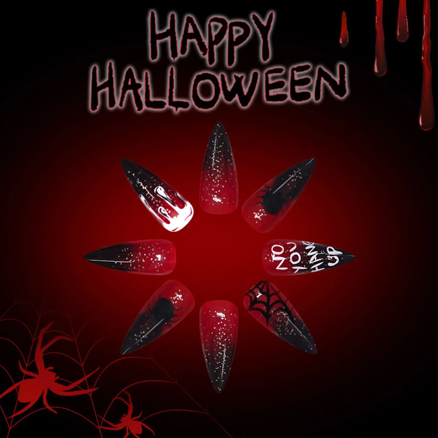 Halloween Press on Nails Long Stiletto Dark Red Fake Nails with Spider Designs Gradient Glitter False Nails Horror Spiderweb Blood Drop Acrylic Nails Glossy Glue on Nails for Women 24Pcs