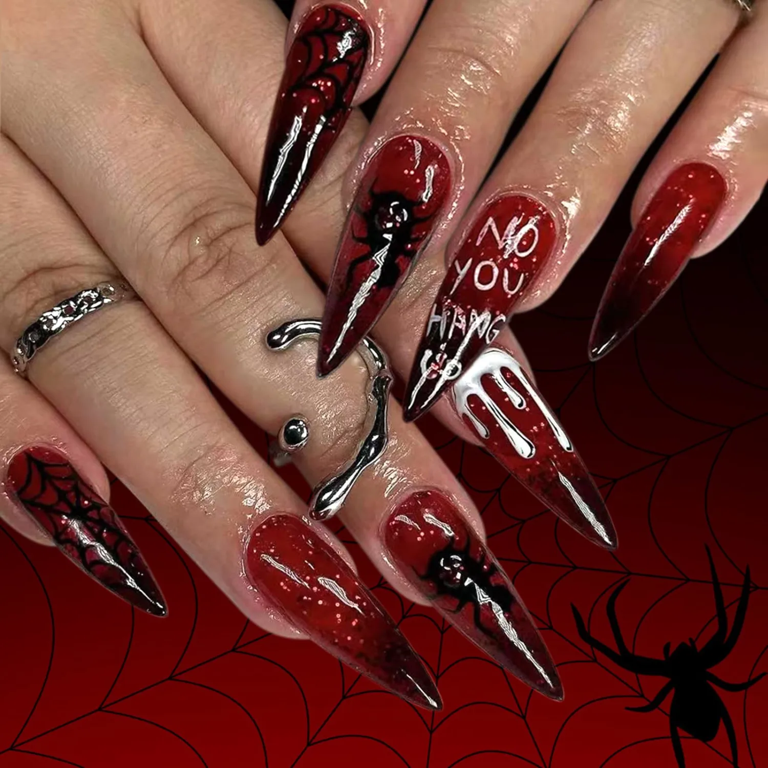 Halloween Press on Nails Long Stiletto Dark Red Fake Nails with Spider Designs Gradient Glitter False Nails Horror Spiderweb Blood Drop Acrylic Nails Glossy Glue on Nails for Women 24Pcs