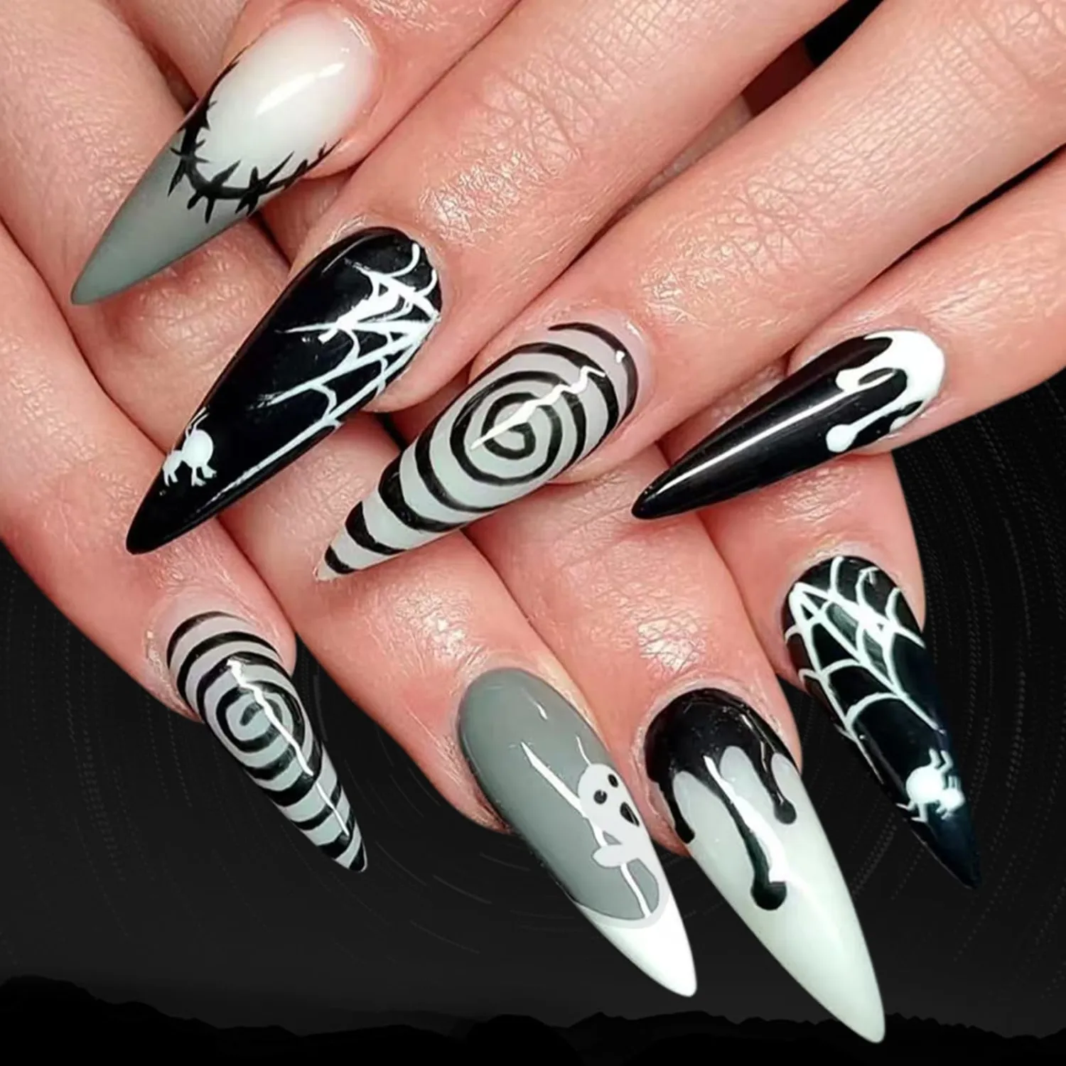Halloween Press on Nails Long Stiletto Fake Nails White Ghost Spider Web False Nails with Designs Black Swirl Artificial Acrylic Nails Spooky Glue on Nails for Women Manicure 24Pcs