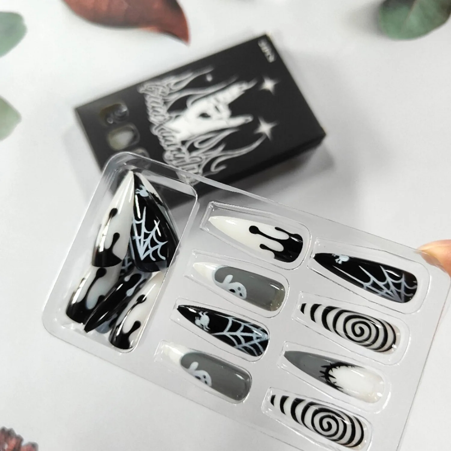 Halloween Press on Nails Long Stiletto Fake Nails White Ghost Spider Web False Nails with Designs Black Swirl Artificial Acrylic Nails Spooky Glue on Nails for Women Manicure 24Pcs