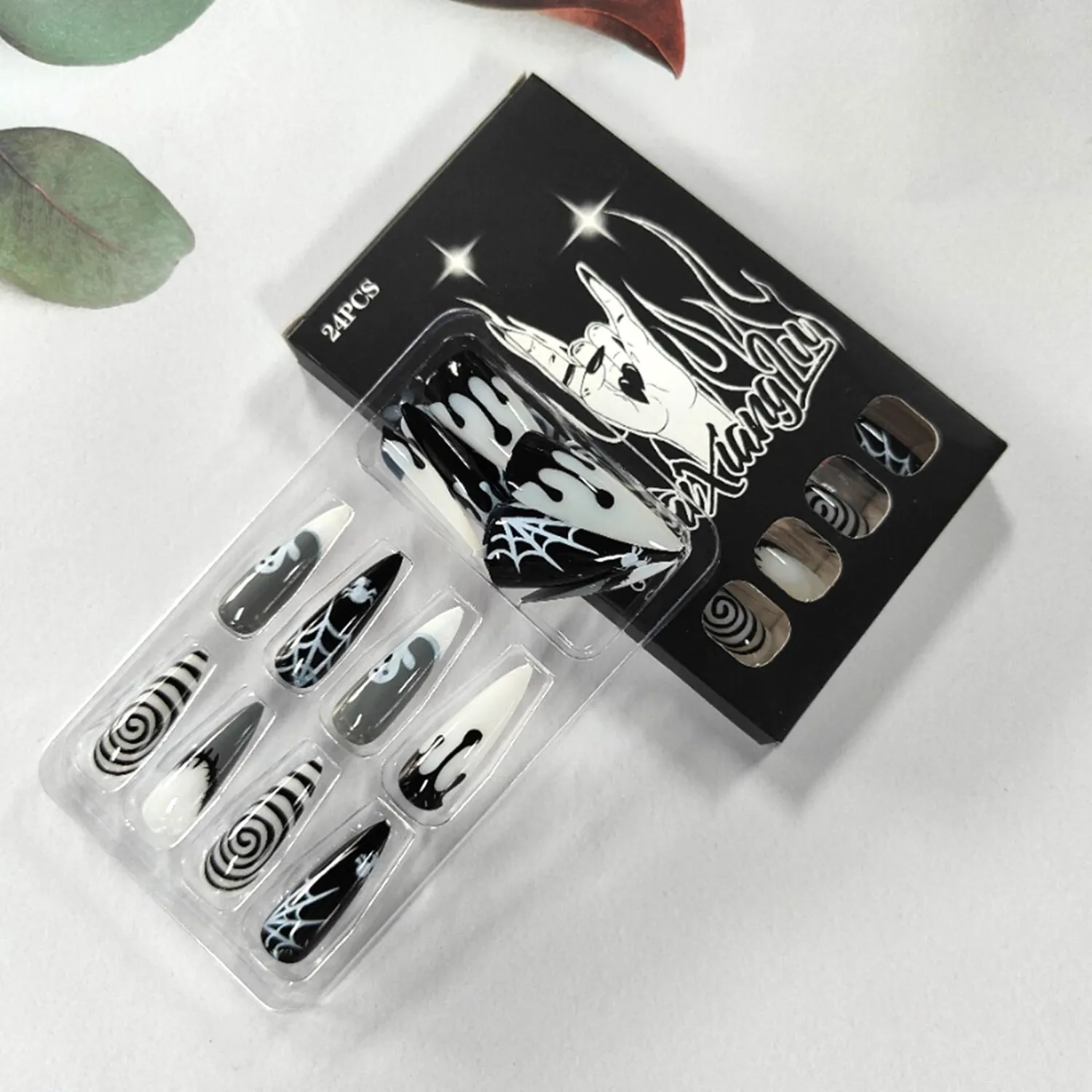 Halloween Press on Nails Long Stiletto Fake Nails White Ghost Spider Web False Nails with Designs Black Swirl Artificial Acrylic Nails Spooky Glue on Nails for Women Manicure 24Pcs