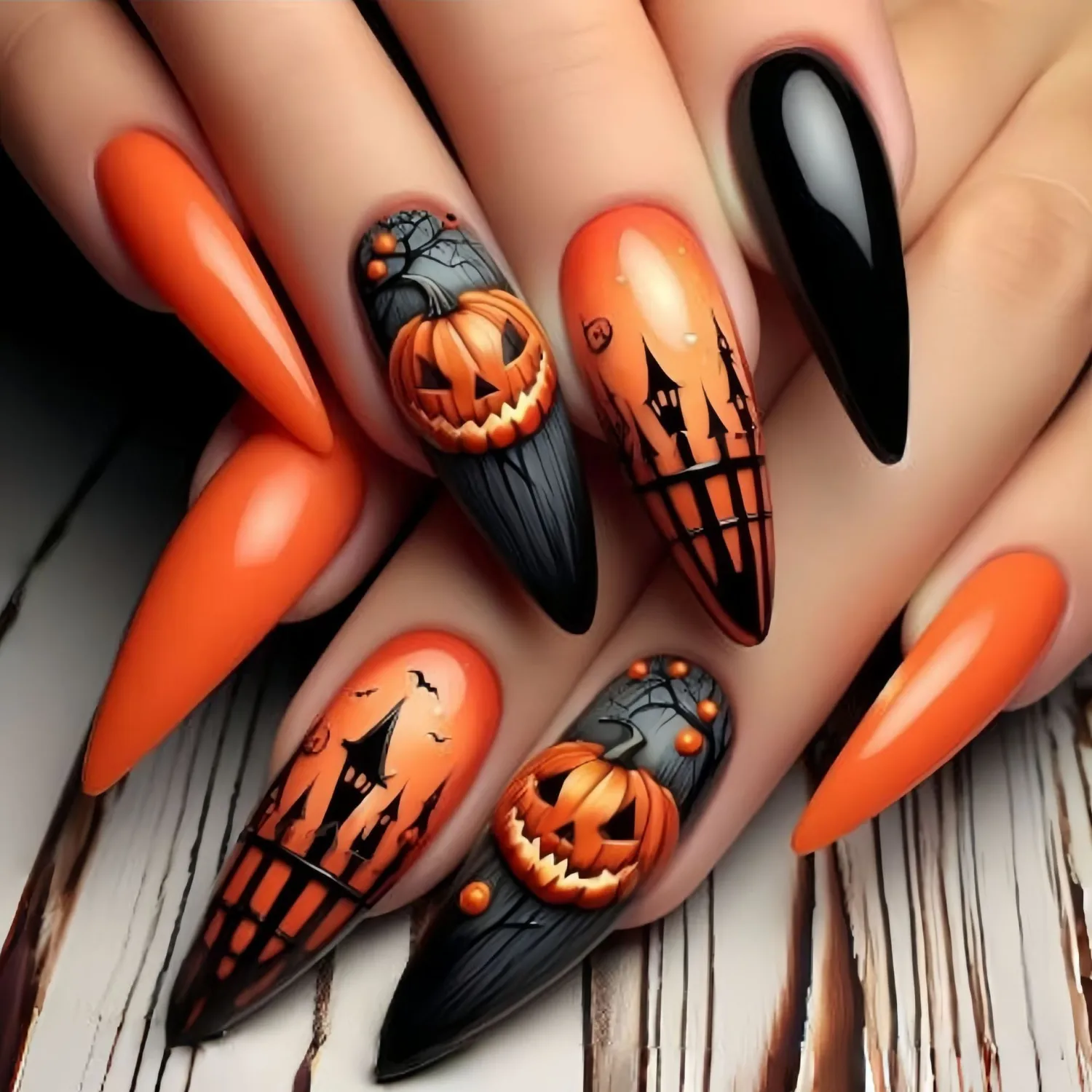 Halloween Press on Nails Long Stiletto Fake Nails with Scary Pumpkin Castle Designs Orange Black Glossy False Nails Acrylic Stick on Nails for Women Halloween Party Manicure 24Pcs