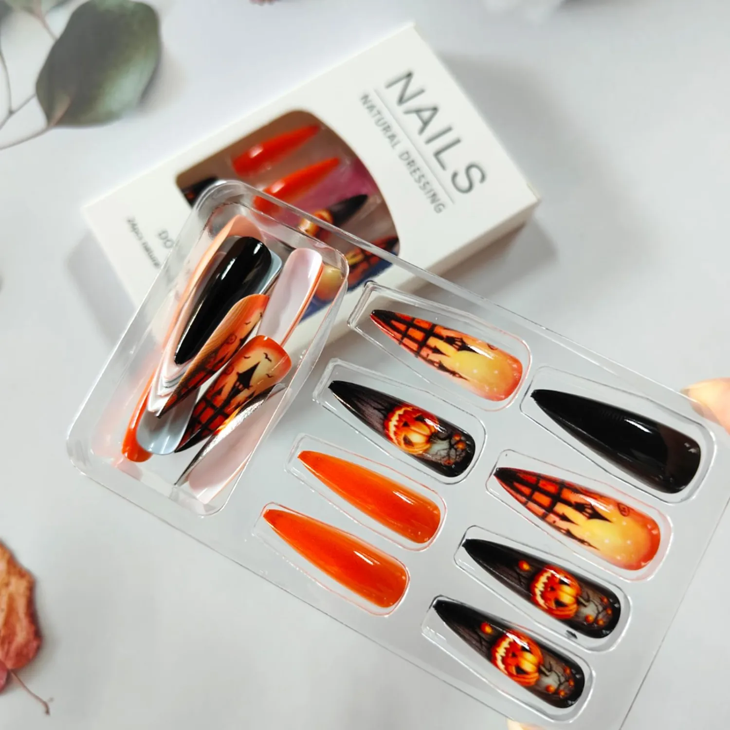 Halloween Press on Nails Long Stiletto Fake Nails with Scary Pumpkin Castle Designs Orange Black Glossy False Nails Acrylic Stick on Nails for Women Halloween Party Manicure 24Pcs
