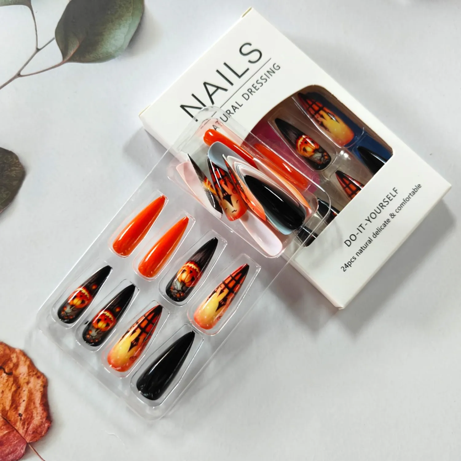 Halloween Press on Nails Long Stiletto Fake Nails with Scary Pumpkin Castle Designs Orange Black Glossy False Nails Acrylic Stick on Nails for Women Halloween Party Manicure 24Pcs
